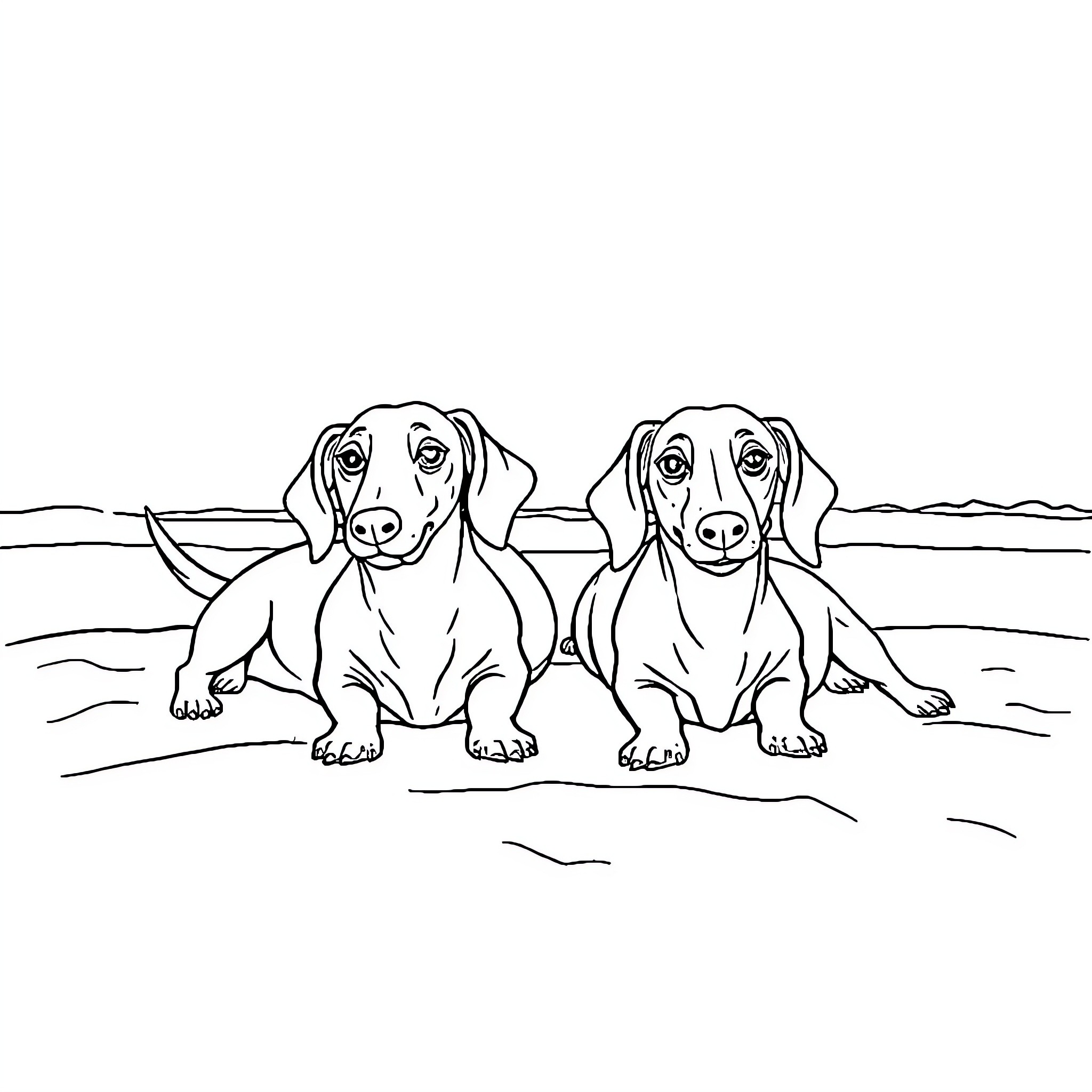 Dachshund dogs resting on the beach Coloring Page (free black-and-white line drawing printable PDF for all, from beginners to advanced learners, including children, teens, adults, and seniors)