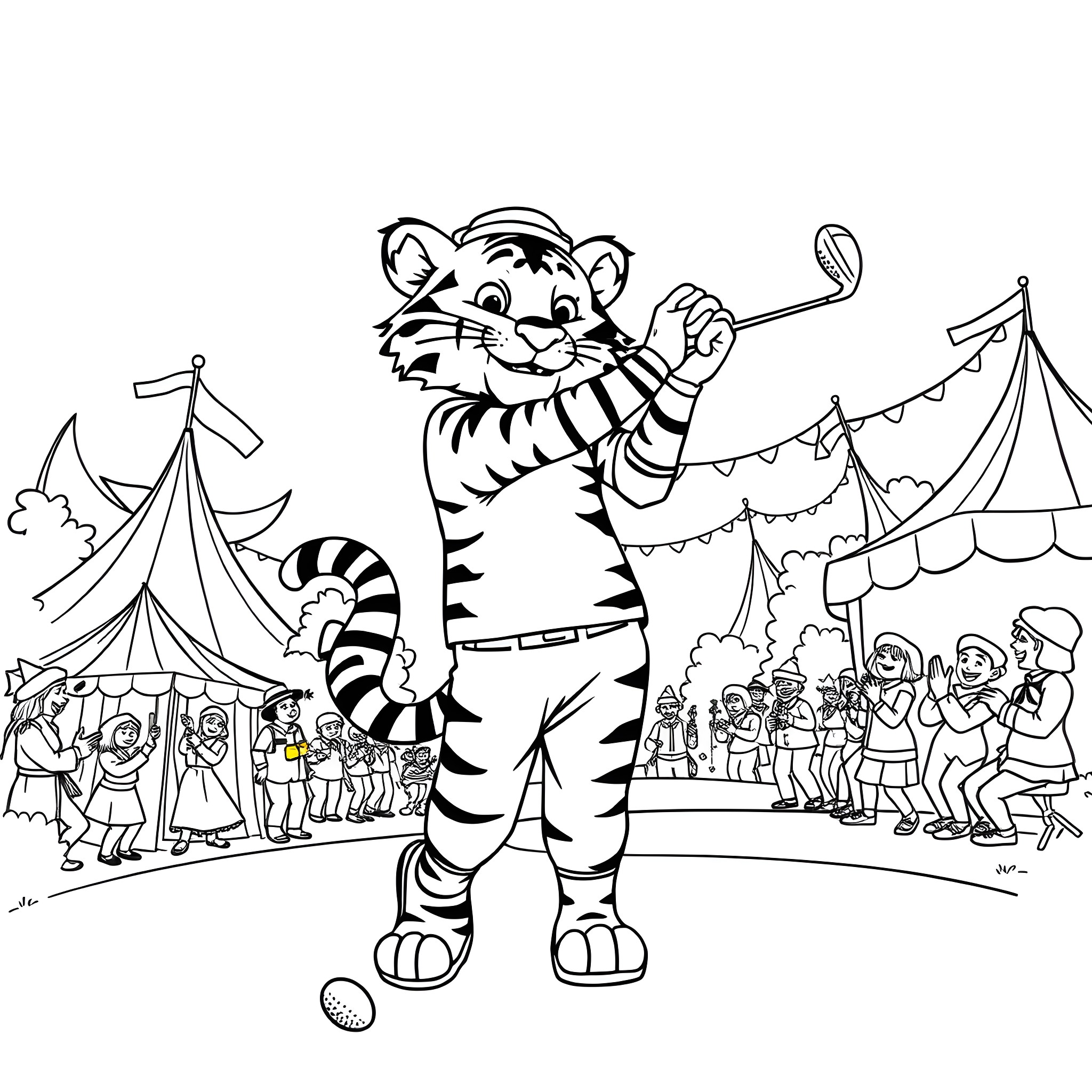 Tiger playing golf at the carnival Coloring Page (free black-and-white line drawing printable PDF for all, from beginners to advanced learners, including children, teens, adults, and seniors)