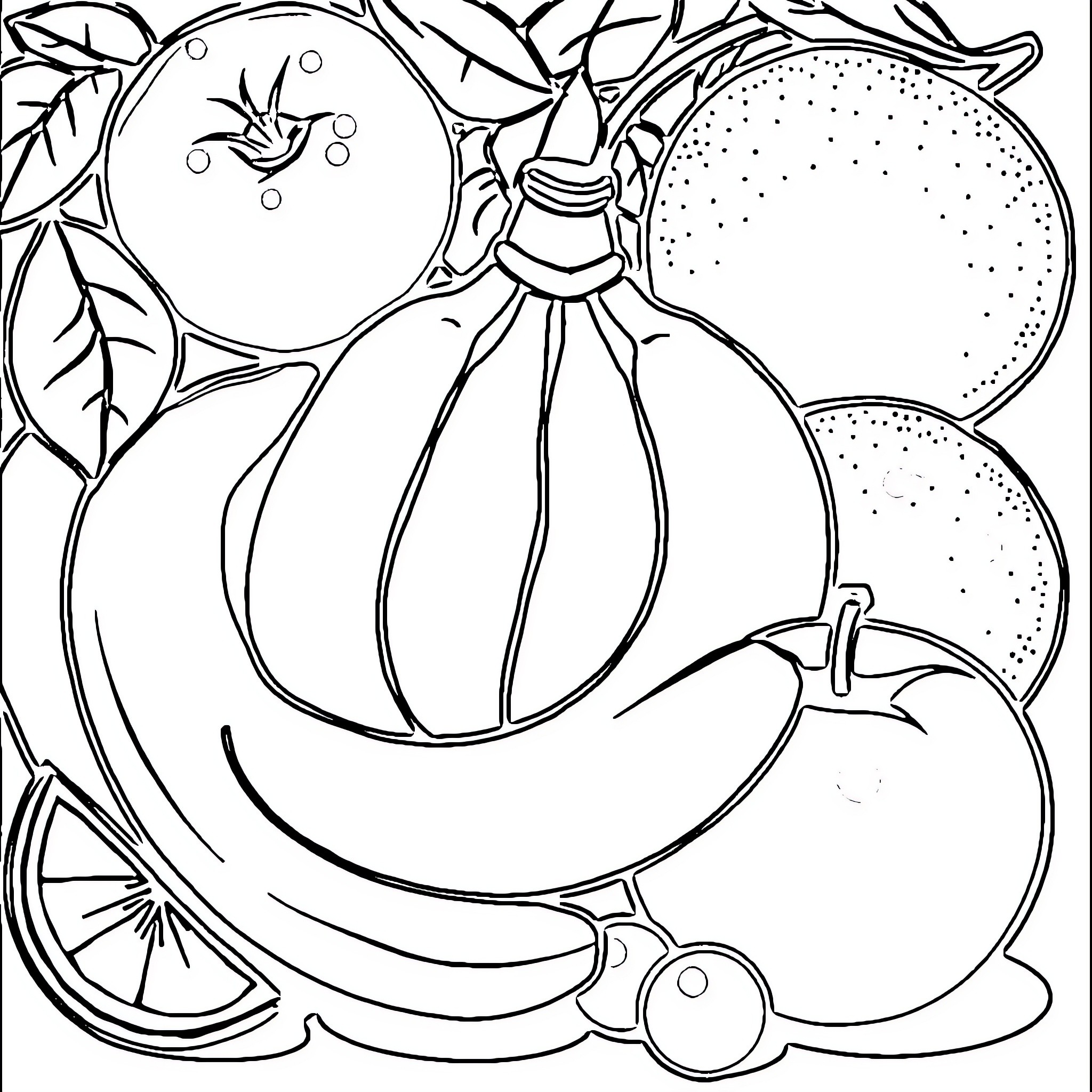 Fruit Basket of Vibrant Variety Coloring Page (free black-and-white line drawing printable PDF for all, from beginners to advanced learners, including children, teens, adults, and seniors)