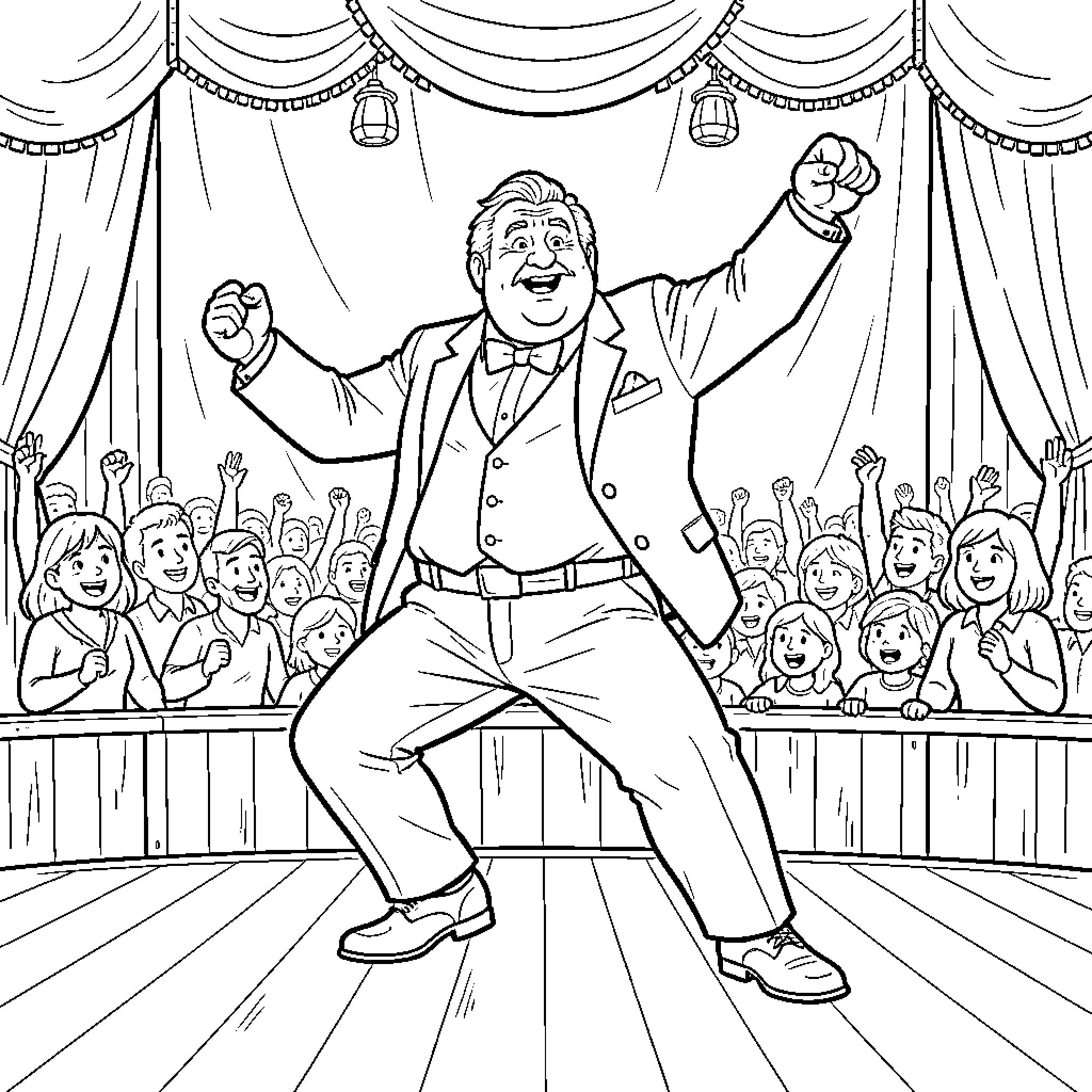 Monsieur performing joyfully on a theater stage Coloring Page (free black-and-white line drawing printable PDF for all, from beginners to advanced learners, including children, teens, adults, and seniors)