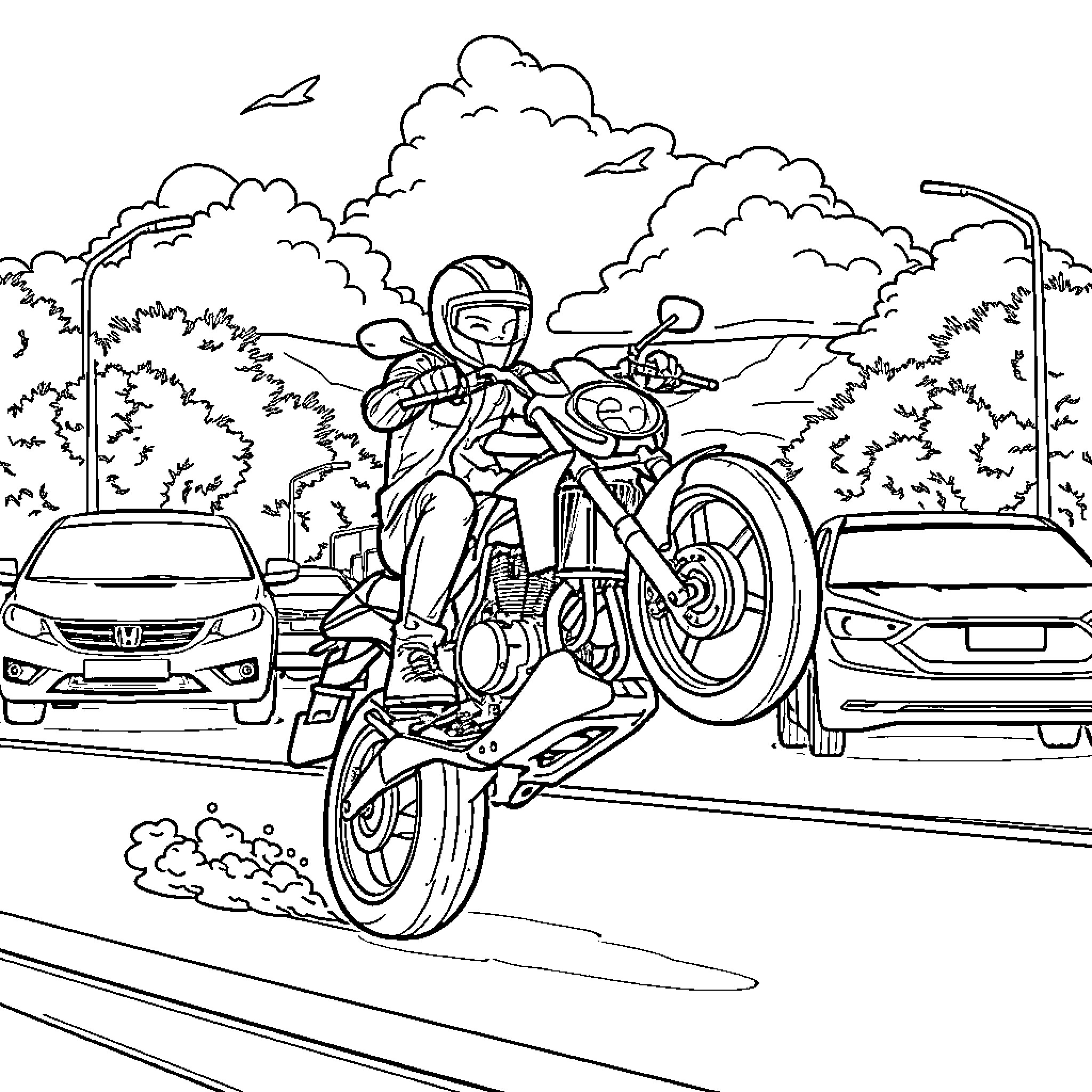 Motorbike rider speeding through the city street Coloring Page (free black-and-white line drawing printable PDF for all, from beginners to advanced learners, including children, teens, adults, and seniors)