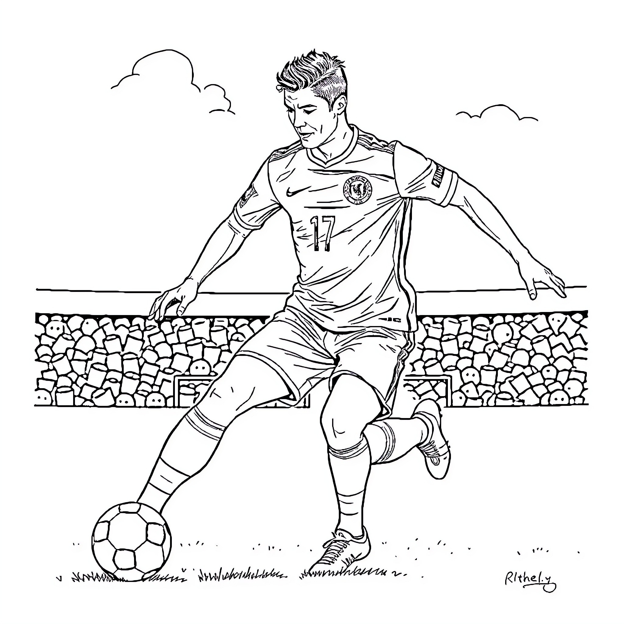 Ronaldo playing football on the field Coloring Page (free black-and-white line drawing printable PDF for all, from beginners to advanced learners, including children, teens, adults, and seniors)