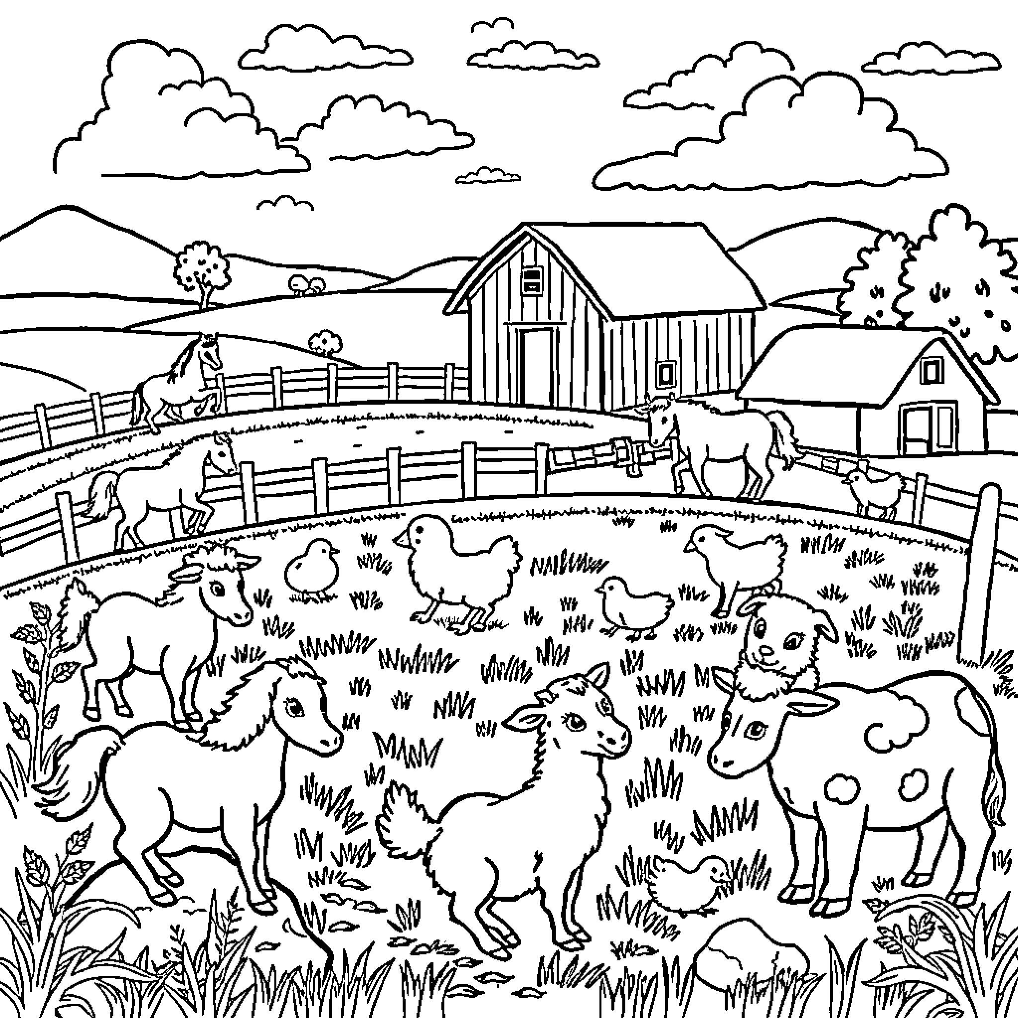 Farm Animal Pasture with Various Livestock Coloring Page (free black-and-white line drawing printable PDF for all, from beginners to advanced learners, including children, teens, adults, and seniors)