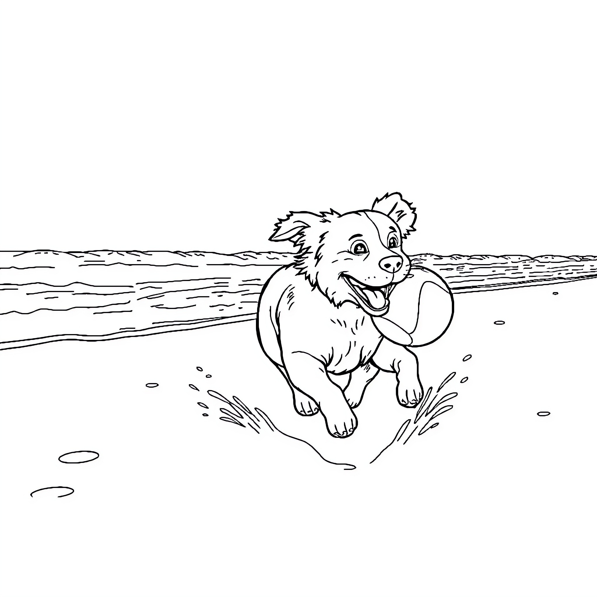 Dog playing joyfully with a ball on the beach Coloring Page (free black-and-white line drawing printable PDF for all, from beginners to advanced learners, including children, teens, adults, and seniors)