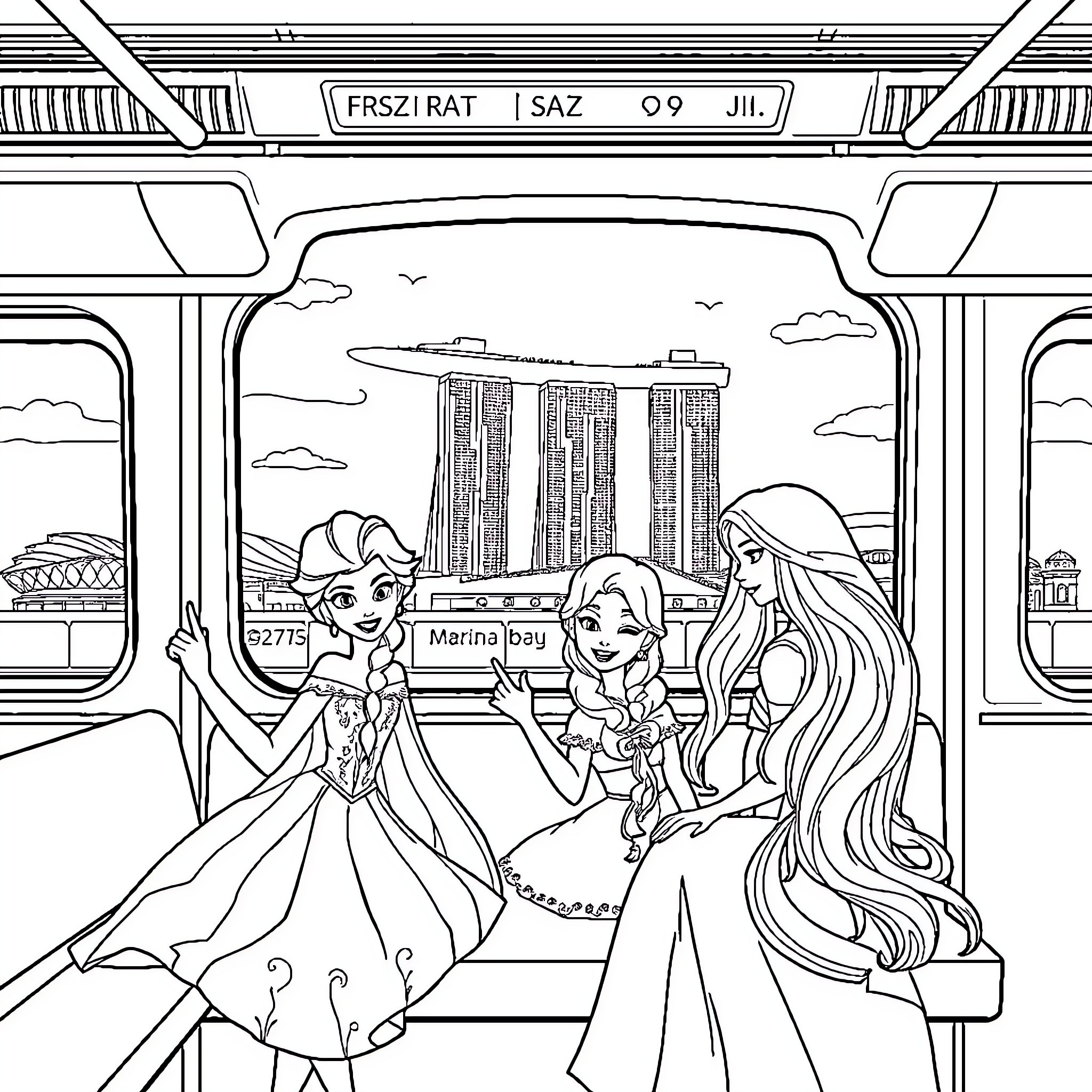 Disney Princess Traveling Adventure in the City Coloring Page (free black-and-white line drawing printable PDF for all, from beginners to advanced learners, including children, teens, adults, and seniors)