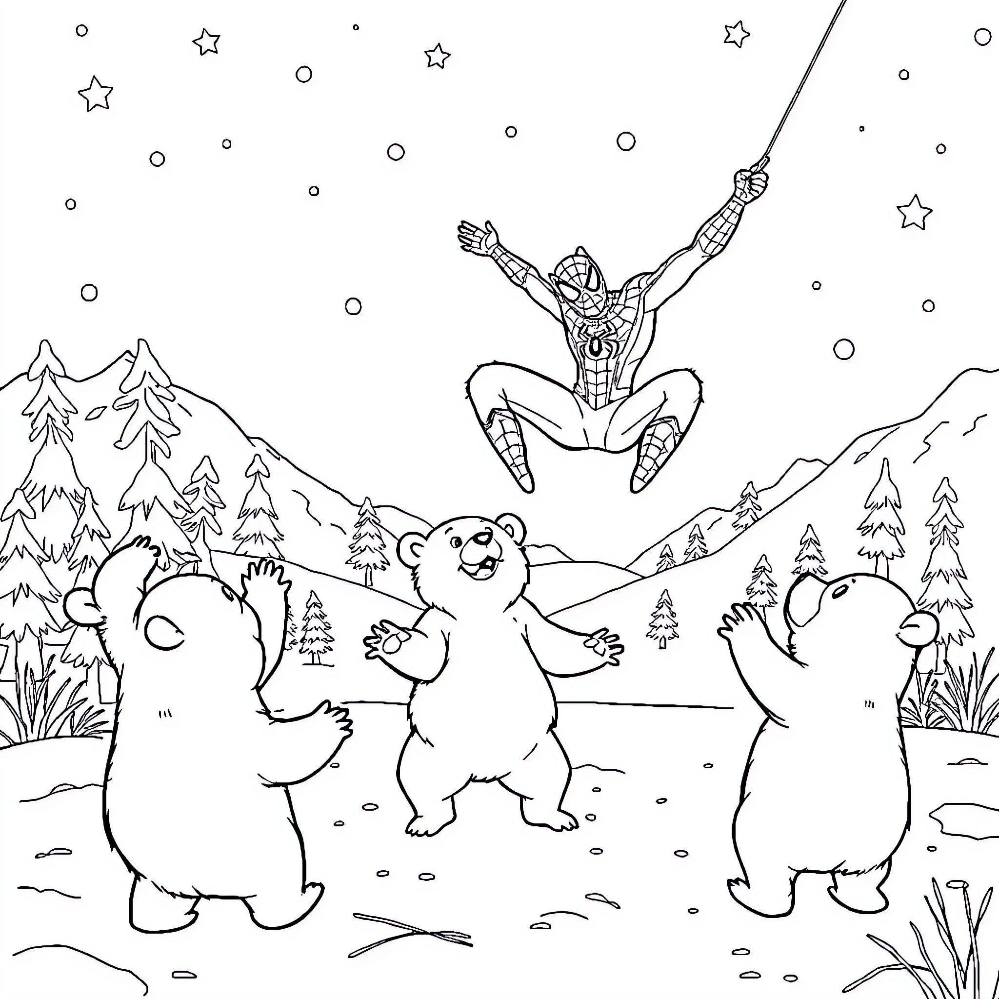 Bear Playing Joyfully with Spider-Man in Snowy Landscape Coloring Page (free black-and-white line drawing printable PDF for all, from beginners to advanced learners, including children, teens, adults, and seniors)