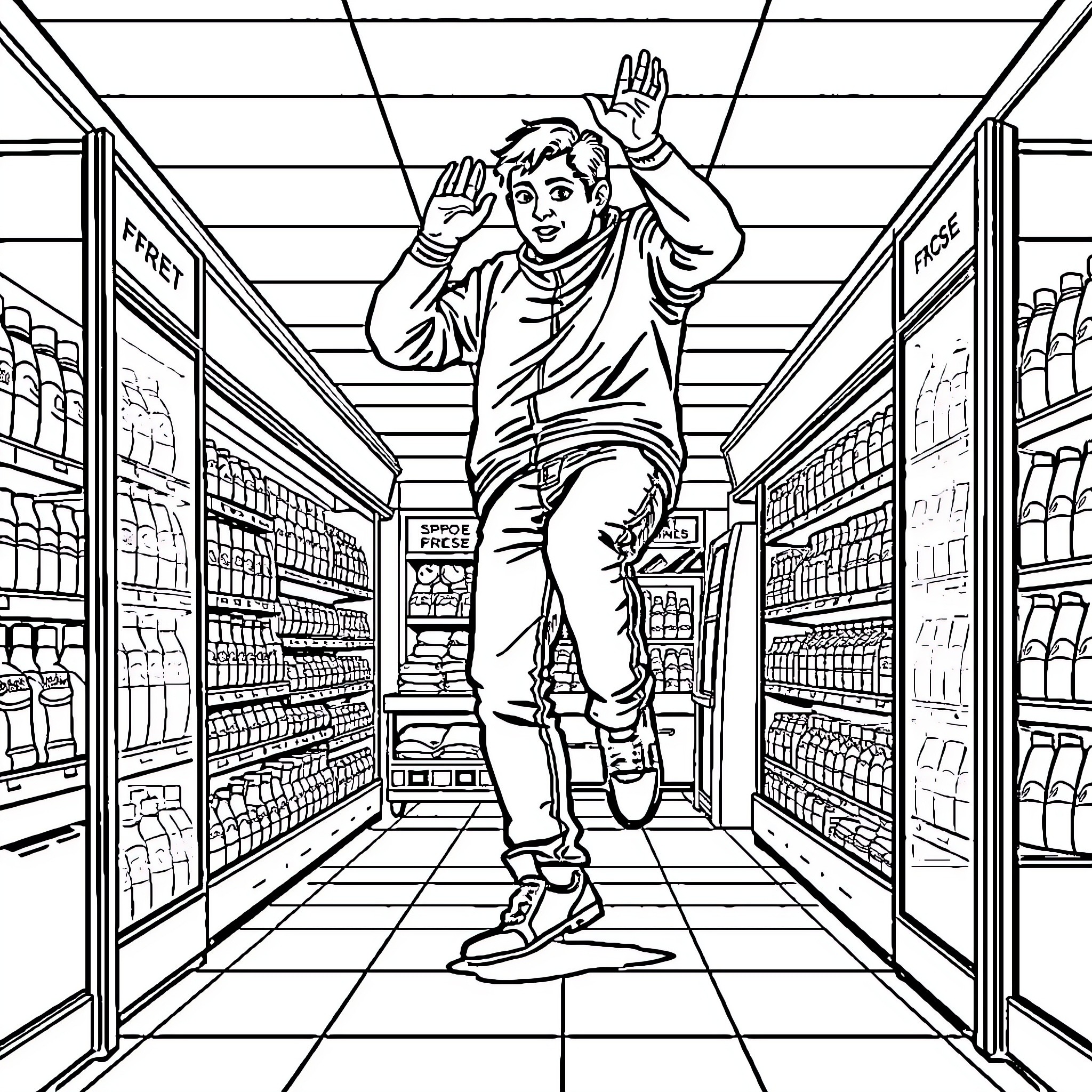 Supermarket customer navigating crowded aisles Coloring Page (free black-and-white line drawing printable PDF for all, from beginners to advanced learners, including children, teens, adults, and seniors)