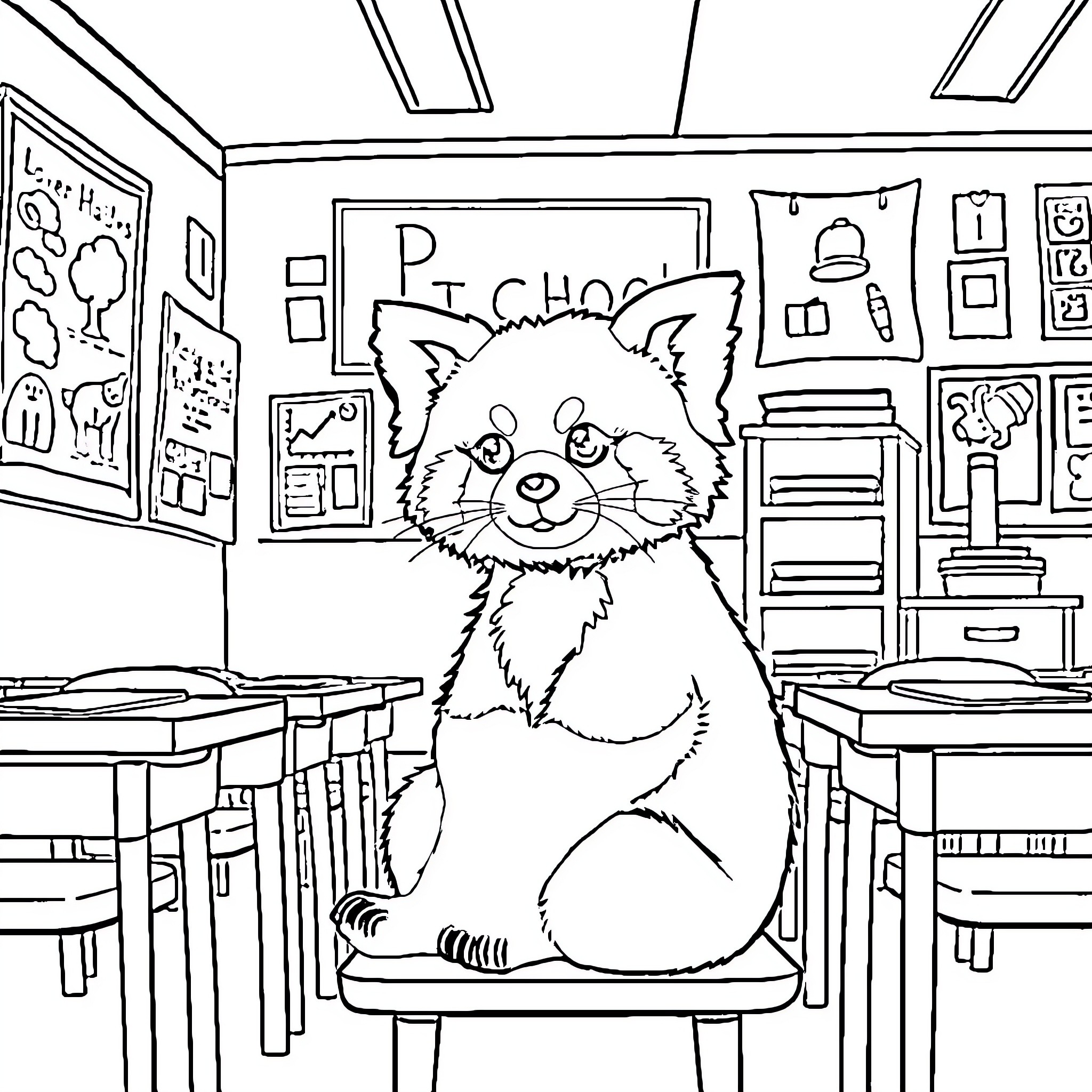 Red Panda in a Classroom Setting Coloring Page (free black-and-white line drawing printable PDF for all, from beginners to advanced learners, including children, teens, adults, and seniors)