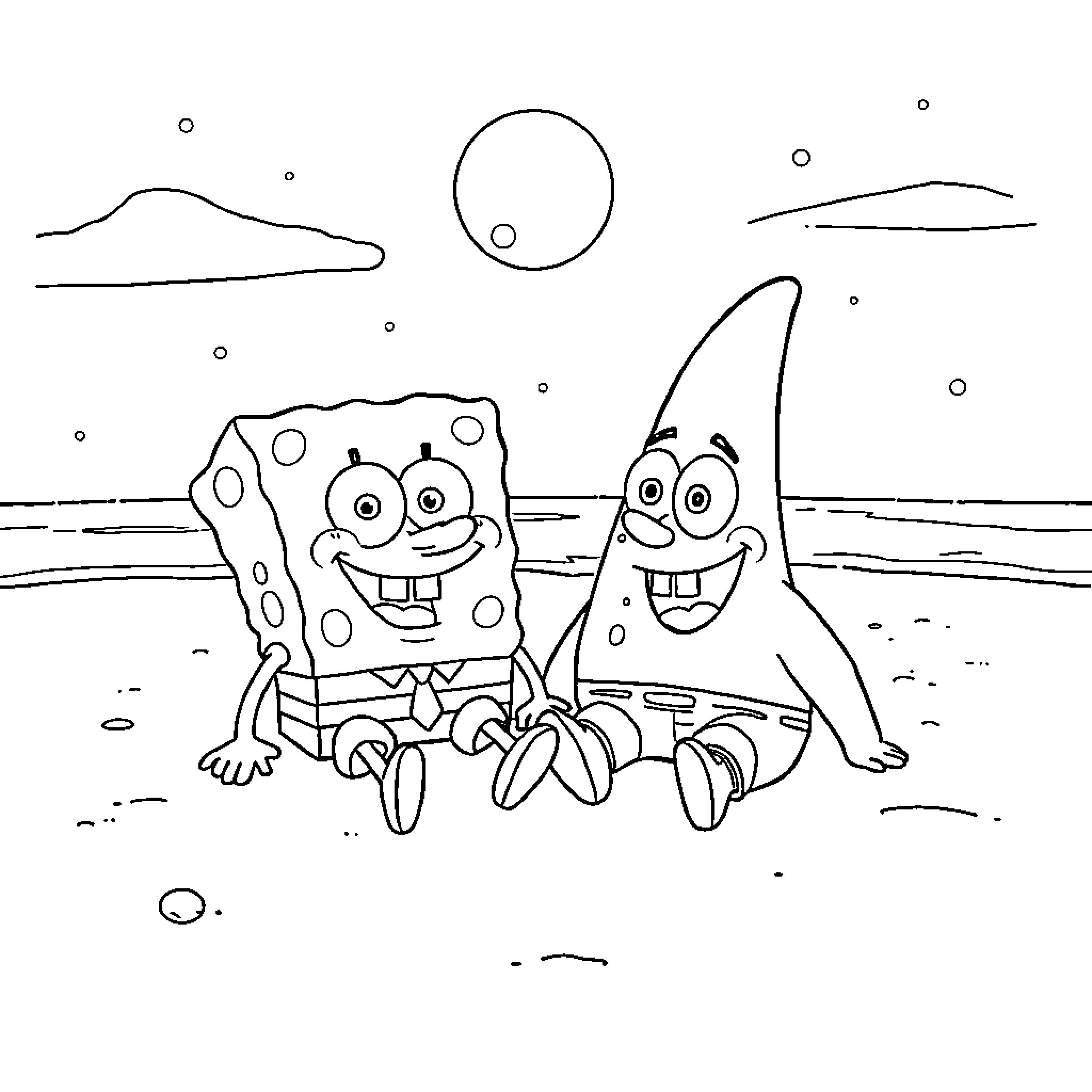 Spongebob and Patrick enjoy a beach day Coloring Page (free black-and-white line drawing printable PDF for all, from beginners to advanced learners, including children, teens, adults, and seniors)