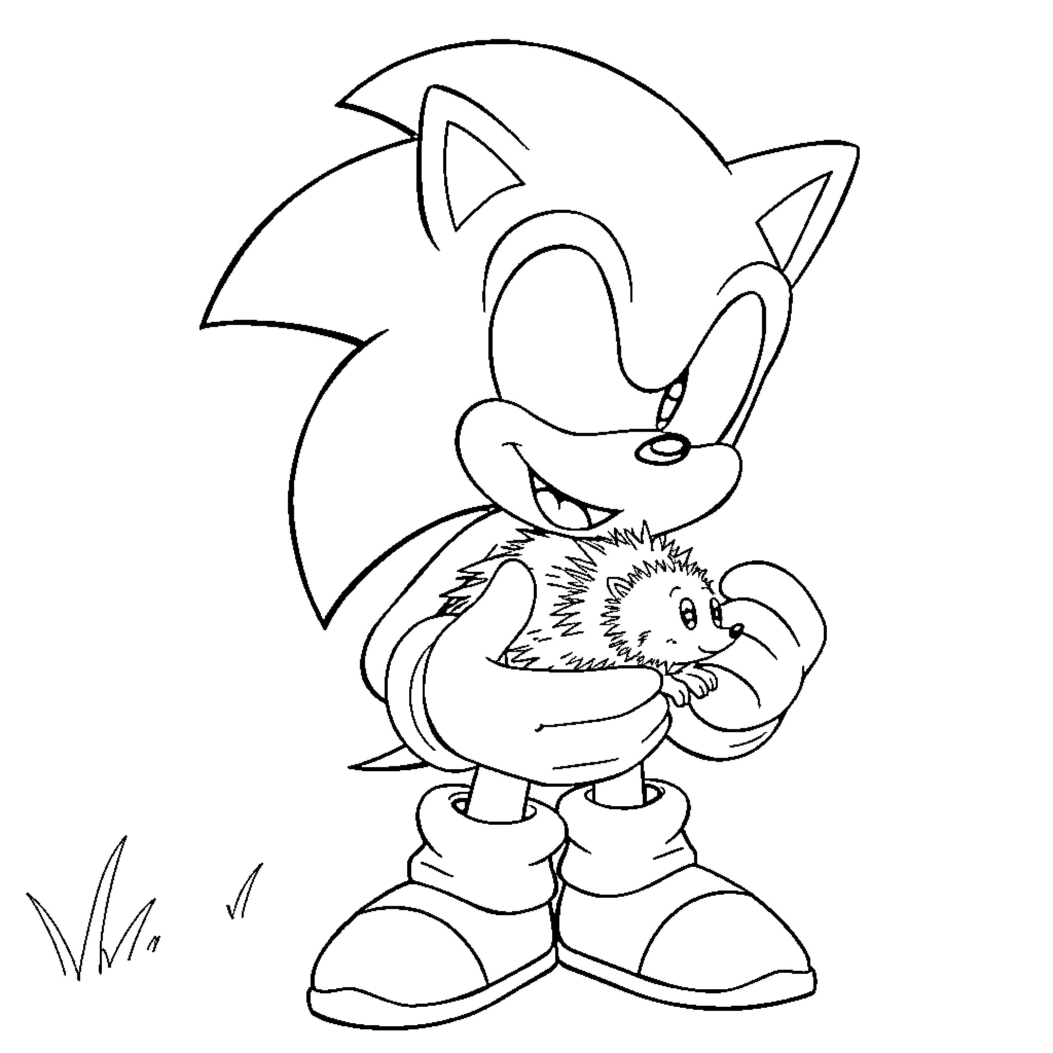 Sonic in a playful pose holding a creature Coloring Page (free black-and-white line drawing printable PDF for all, from beginners to advanced learners, including children, teens, adults, and seniors)