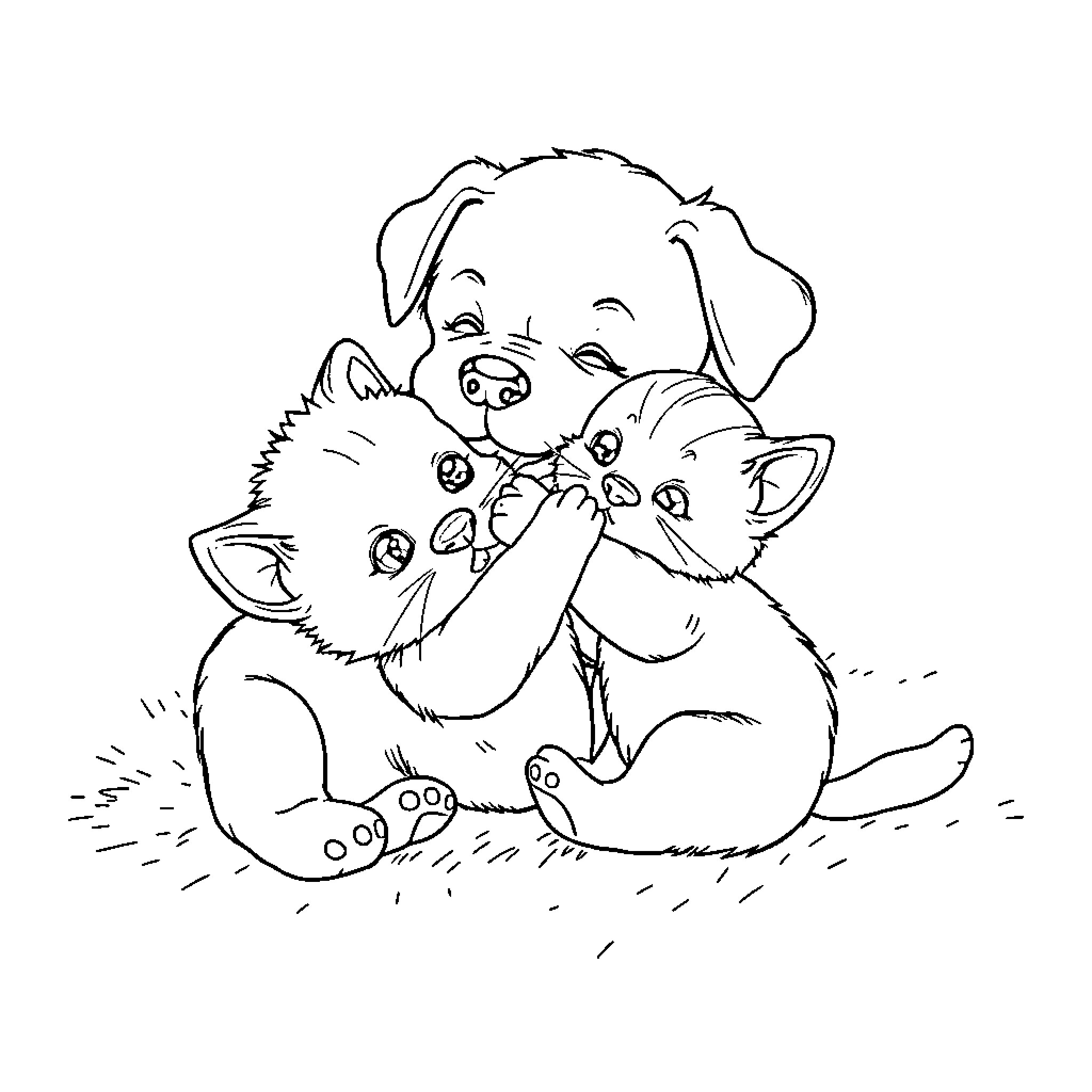 Puppy cuddling with a kitten in a playful embrace Coloring Page (free black-and-white line drawing printable PDF for all, from beginners to advanced learners, including children, teens, adults, and seniors)