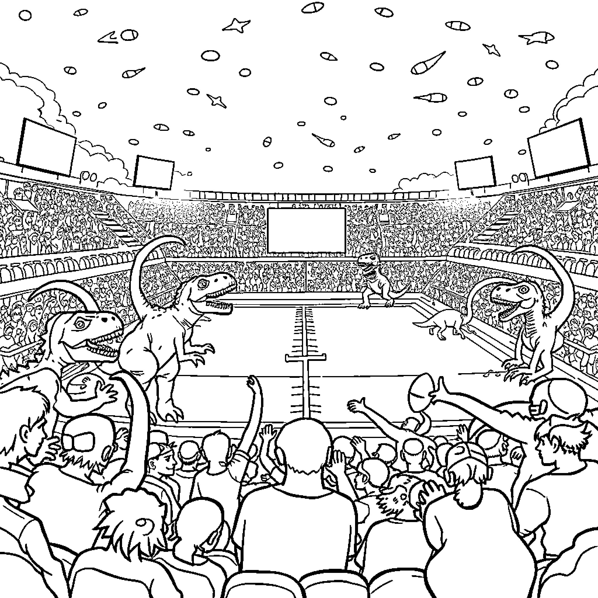 Dinosaur Showdown in Packed Prehistoric Stadium Coloring Page (free black-and-white line drawing printable PDF for all, from beginners to advanced learners, including children, teens, adults, and seniors)