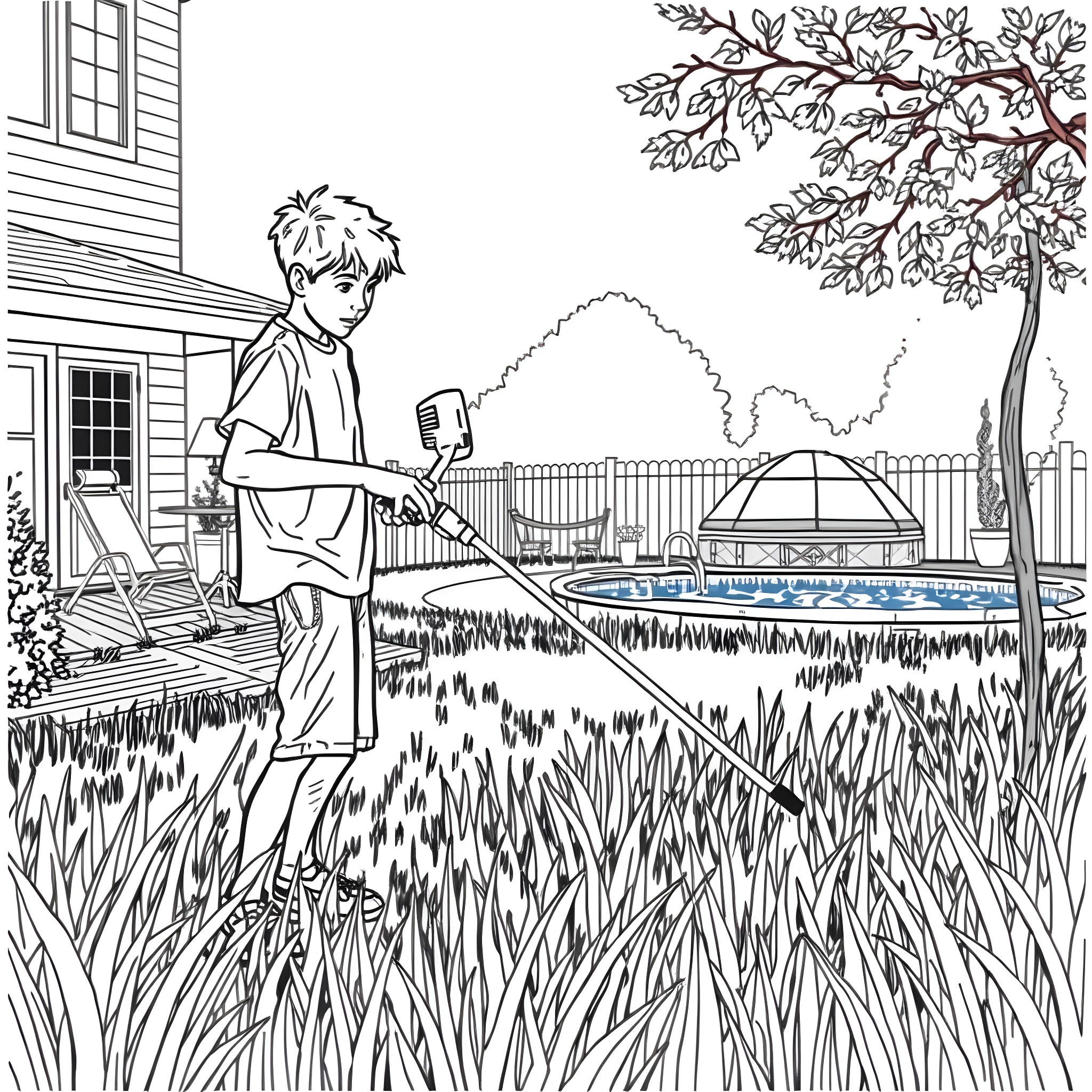 Teen Guy Mowing the Lawn in his Backyard Coloring Page (free black-and-white line drawing printable PDF for all, from beginners to advanced learners, including children, teens, adults, and seniors)