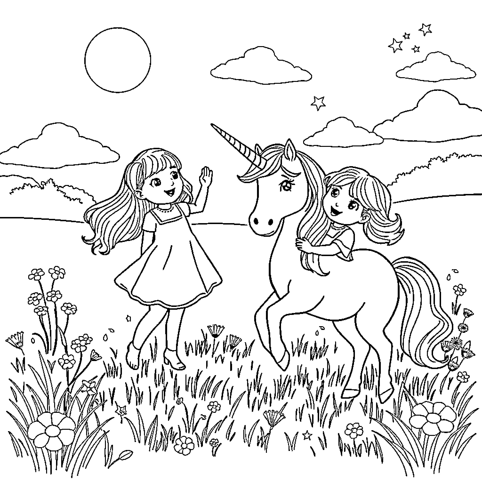 Girl playing with unicorn in enchanted meadow Coloring Page (free black-and-white line drawing printable PDF for all, from beginners to advanced learners, including children, teens, adults, and seniors)