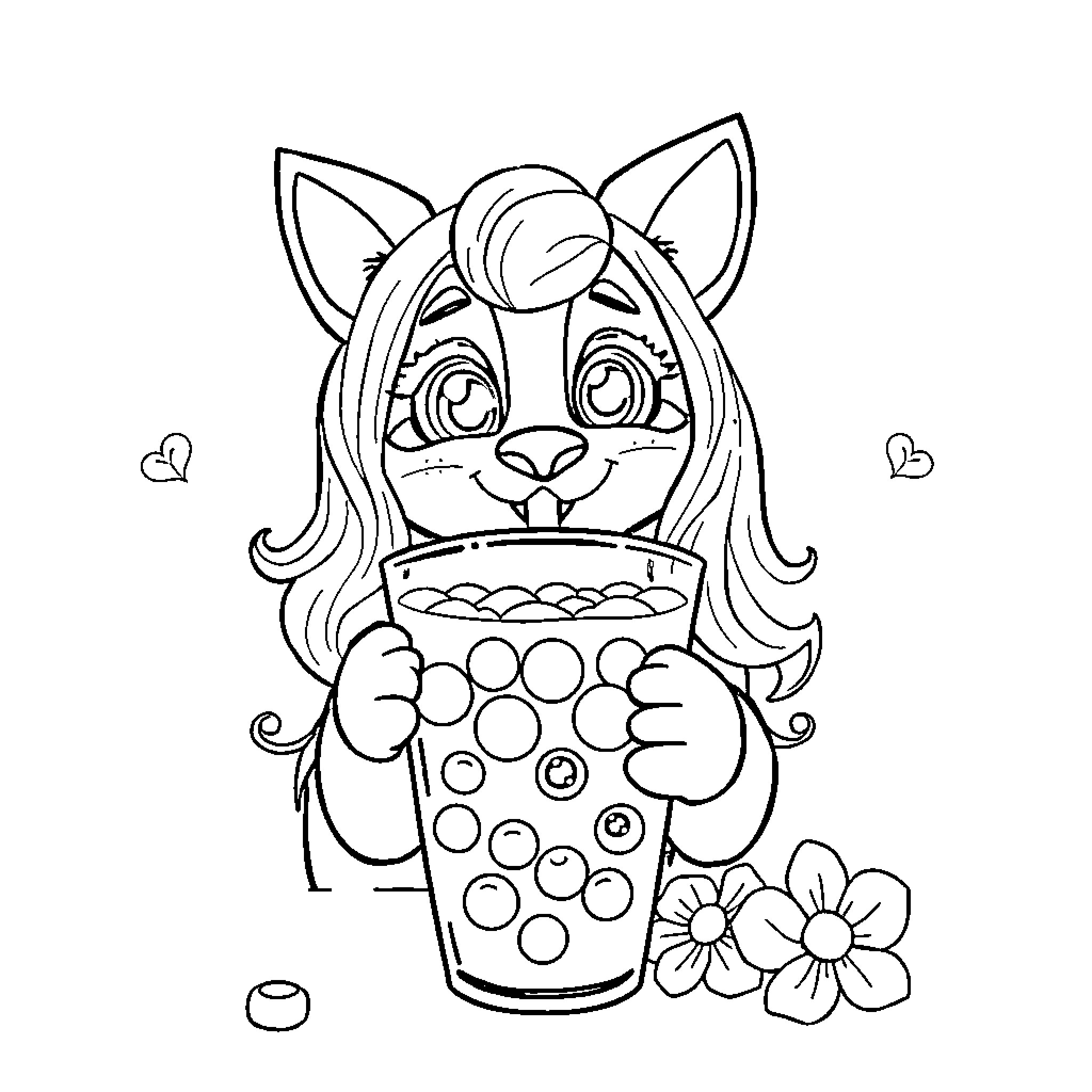 Huntrix Rumi enjoying a refreshing beverage Coloring Page (free black-and-white line drawing printable PDF for all, from beginners to advanced learners, including children, teens, adults, and seniors)