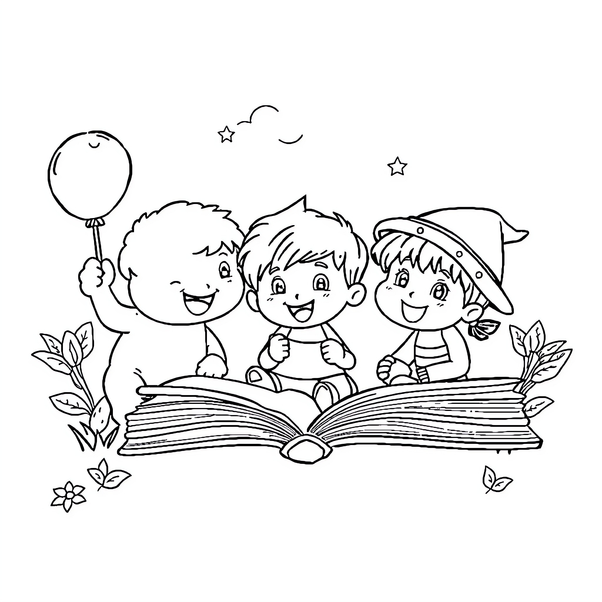 Child reading story book with friends under starry night Coloring Page (free black-and-white line drawing printable PDF for all, from beginners to advanced learners, including children, teens, adults, and seniors)