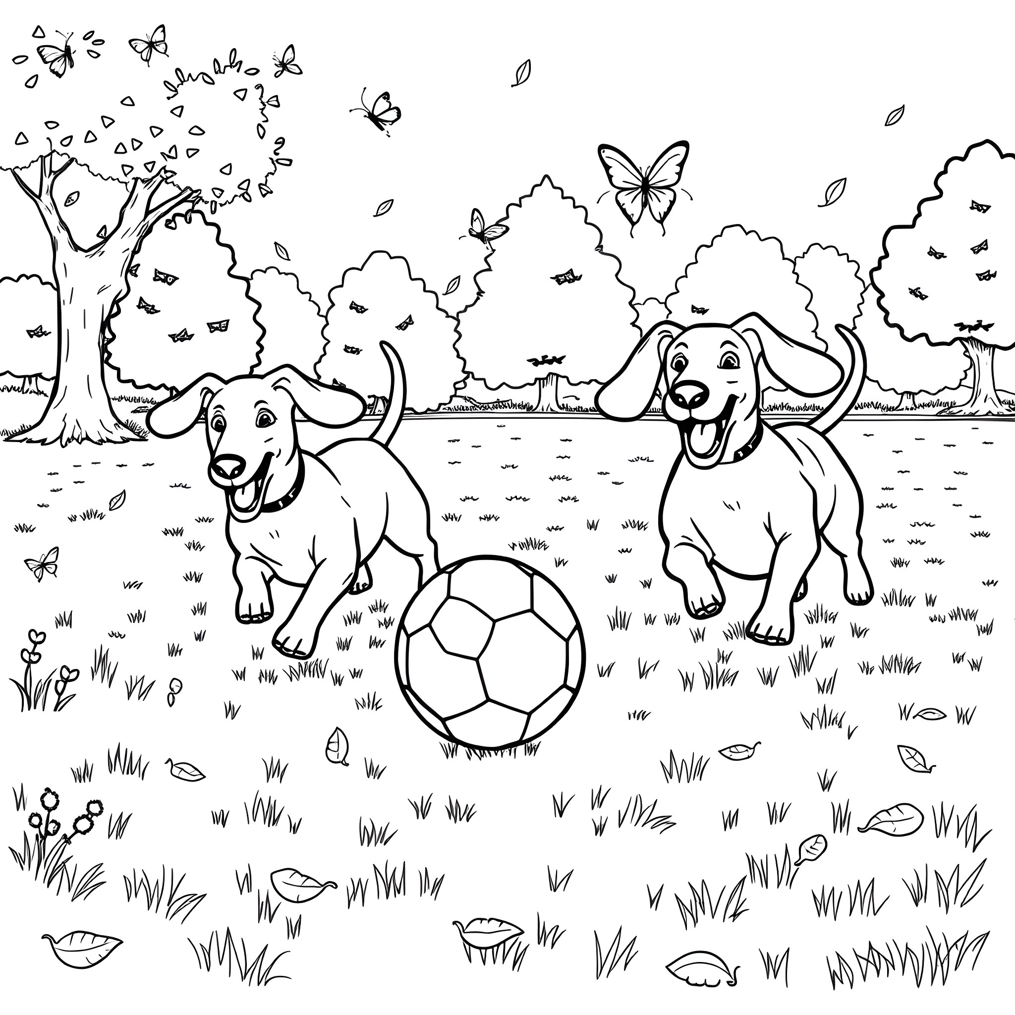 Sausage Dogs Playing in Autumn Landscape Coloring Page (free black-and-white line drawing printable PDF for all, from beginners to advanced learners, including children, teens, adults, and seniors)