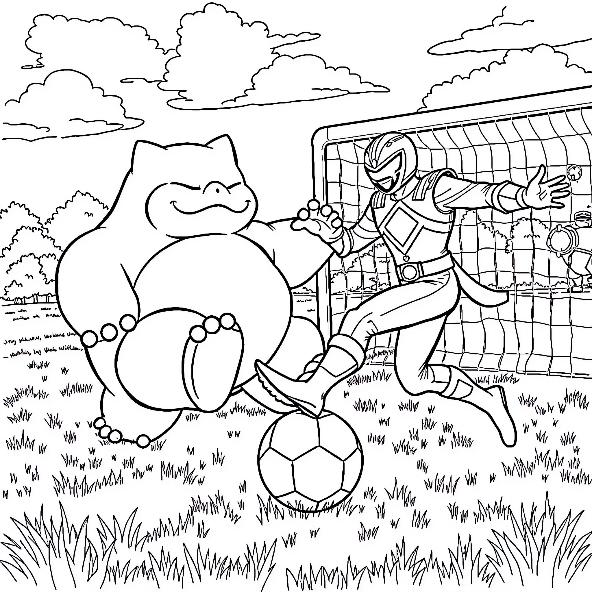 Snorlax guarding a soccer ball from a determined player Coloring Page (free black-and-white line drawing printable PDF for all, from beginners to advanced learners, including children, teens, adults, and seniors)