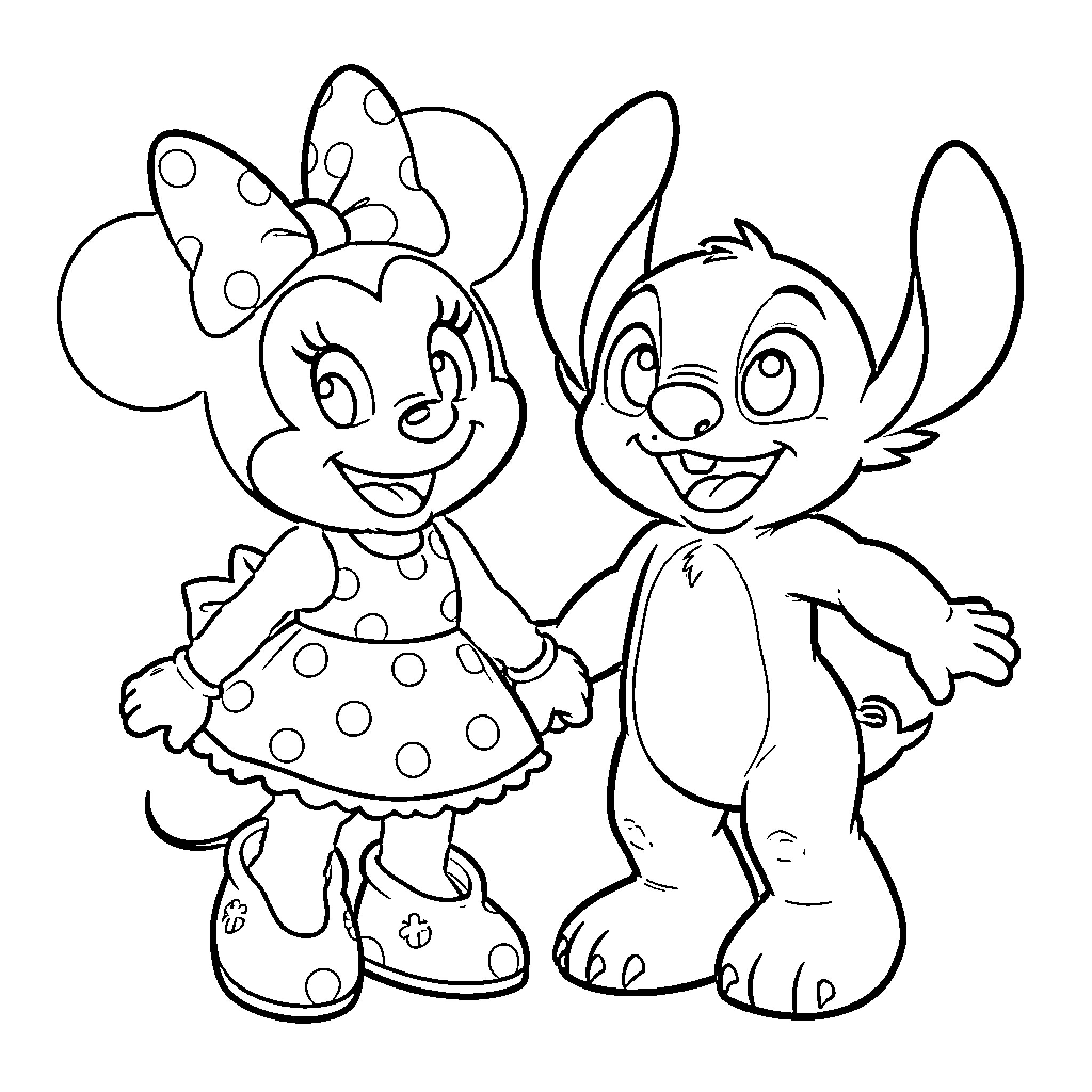 Minnie and Stitch enjoying a playful moment Coloring Page (free black-and-white line drawing printable PDF for all, from beginners to advanced learners, including children, teens, adults, and seniors)