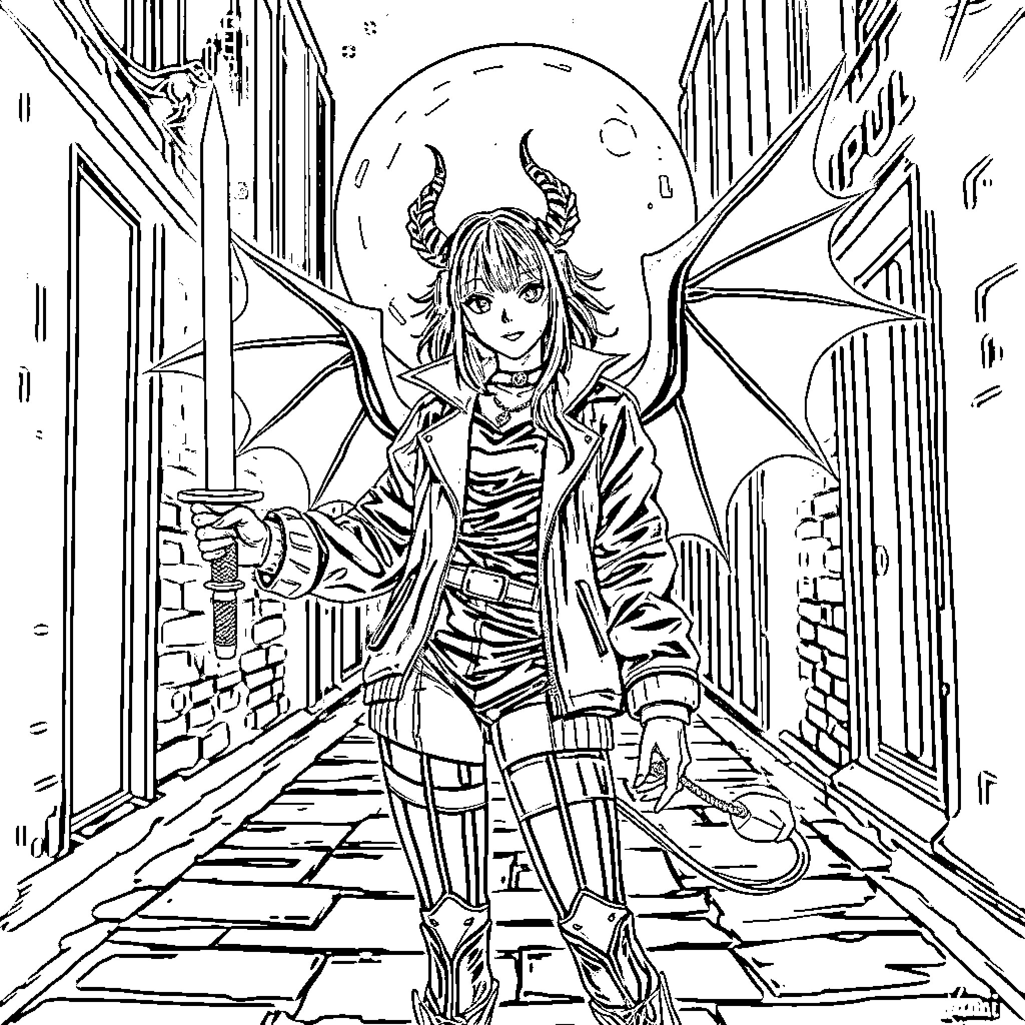 Rumi, the Daring Demon Girl in the Alley Coloring Page (free black-and-white line drawing printable PDF for all, from beginners to advanced learners, including children, teens, adults, and seniors)