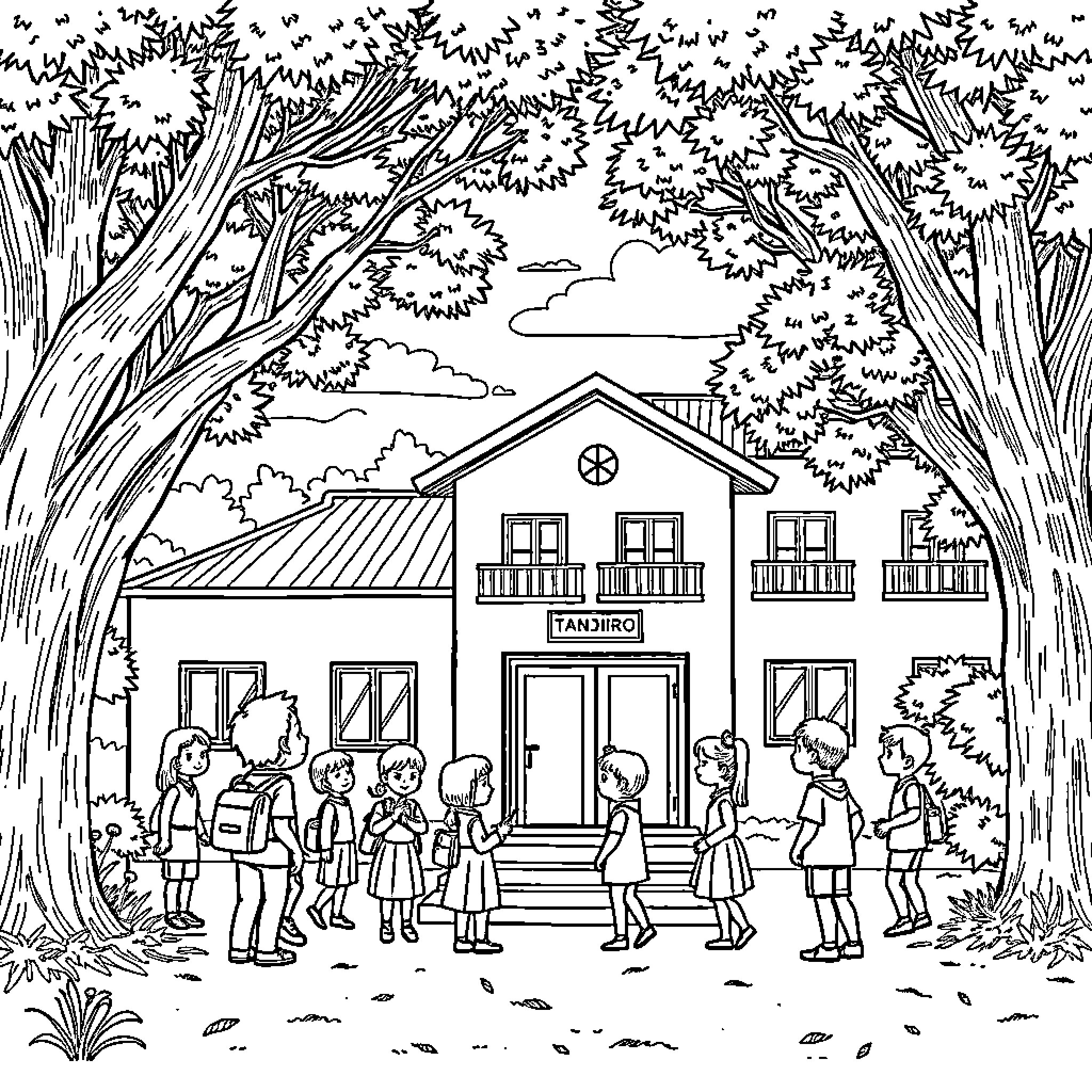 Tanjiro and his friends outside the Tanjiro building Coloring Page (free black-and-white line drawing printable PDF for all, from beginners to advanced learners, including children, teens, adults, and seniors)
