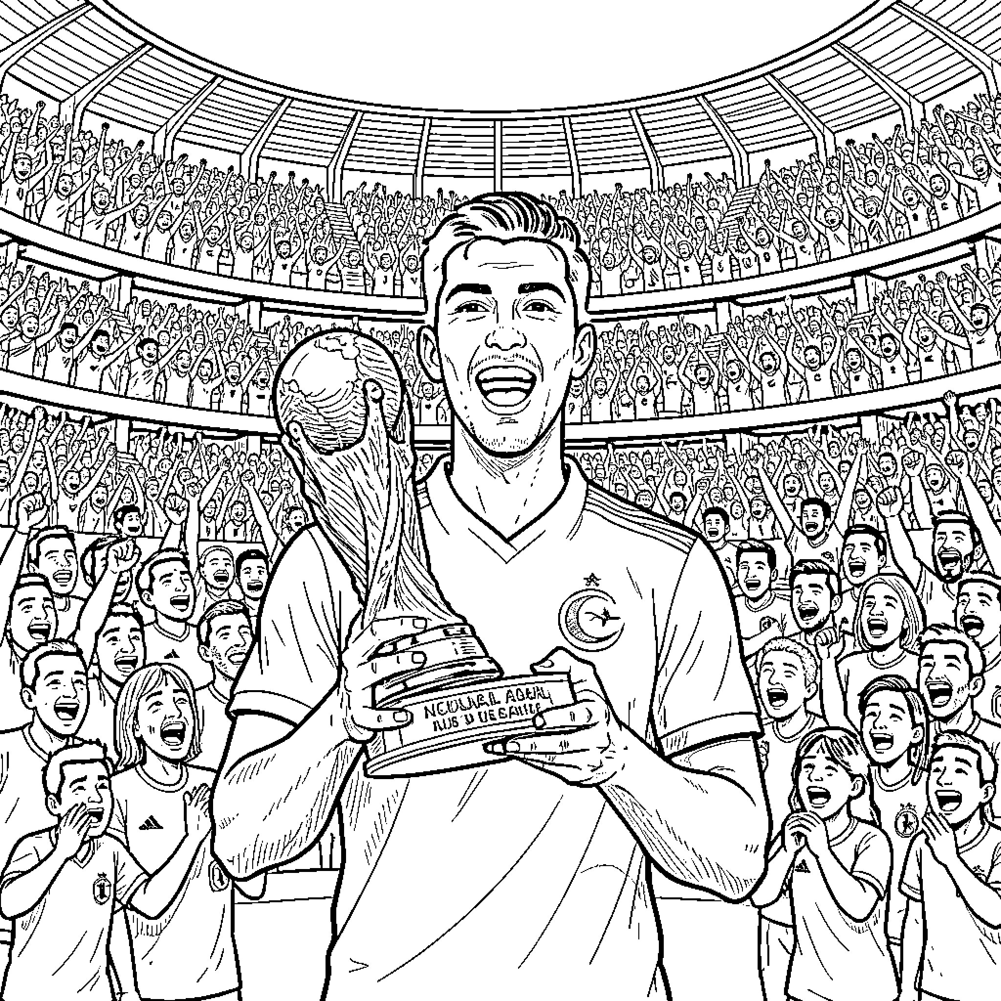 Football Player celebrating joyfully while holding a trophy Coloring Page (free black-and-white line drawing printable PDF for all, from beginners to advanced learners, including children, teens, adults, and seniors)