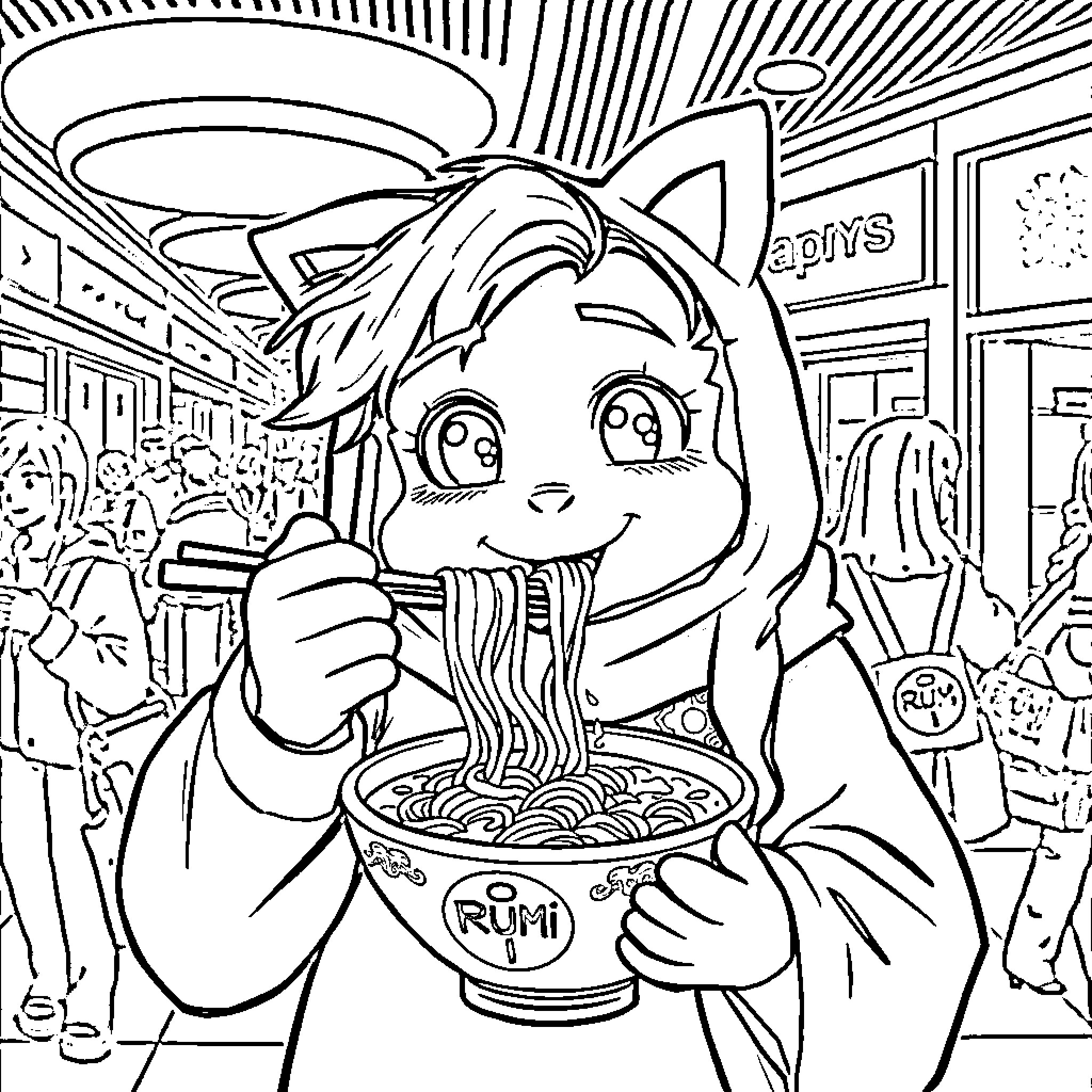 Rumi enjoying a bowl of noodles in a bustling setting Coloring Page (free black-and-white line drawing printable PDF for all, from beginners to advanced learners, including children, teens, adults, and seniors)