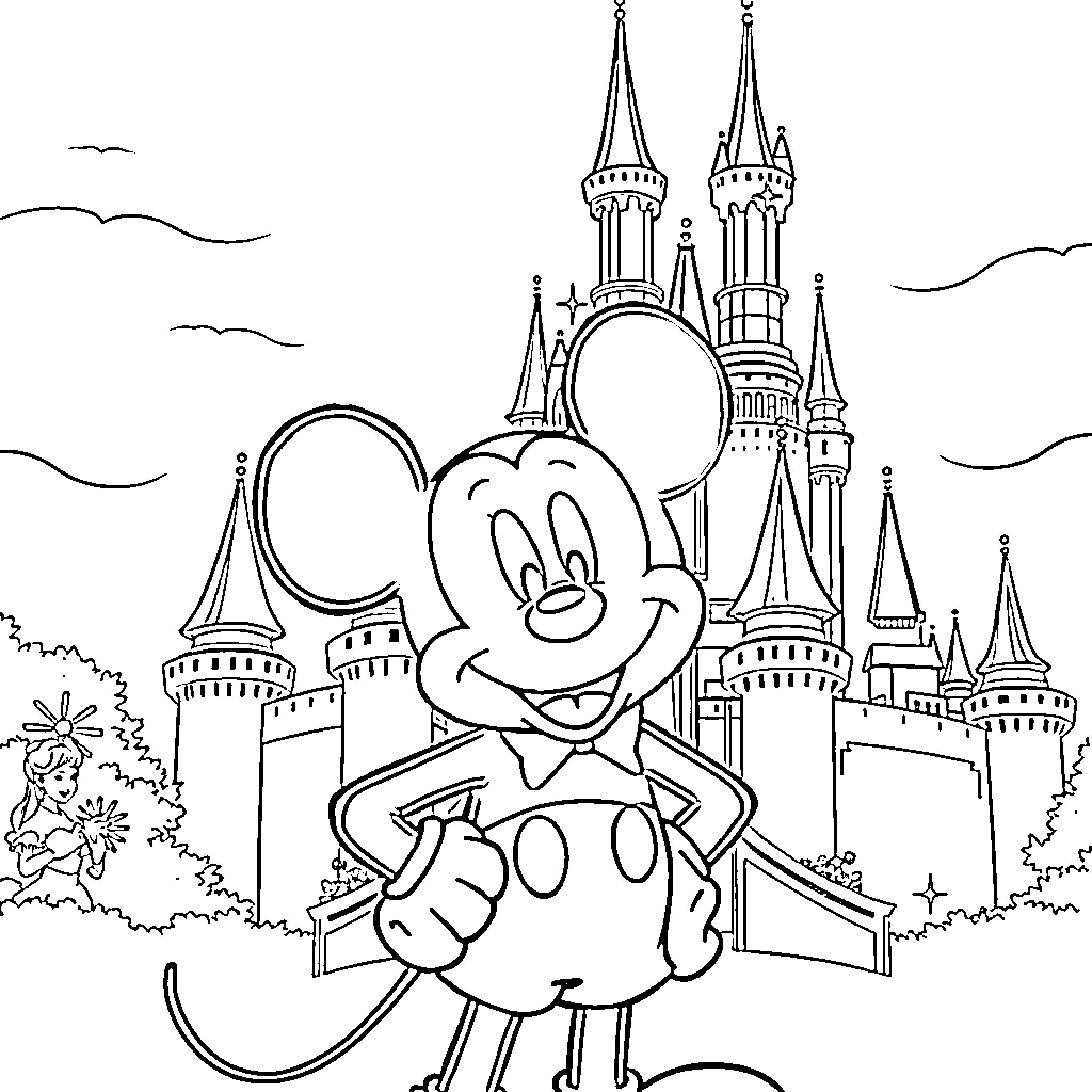 Mickey Mouse in a Magical Kingdom Coloring Page (free black-and-white line drawing printable PDF for all, from beginners to advanced learners, including children, teens, adults, and seniors)
