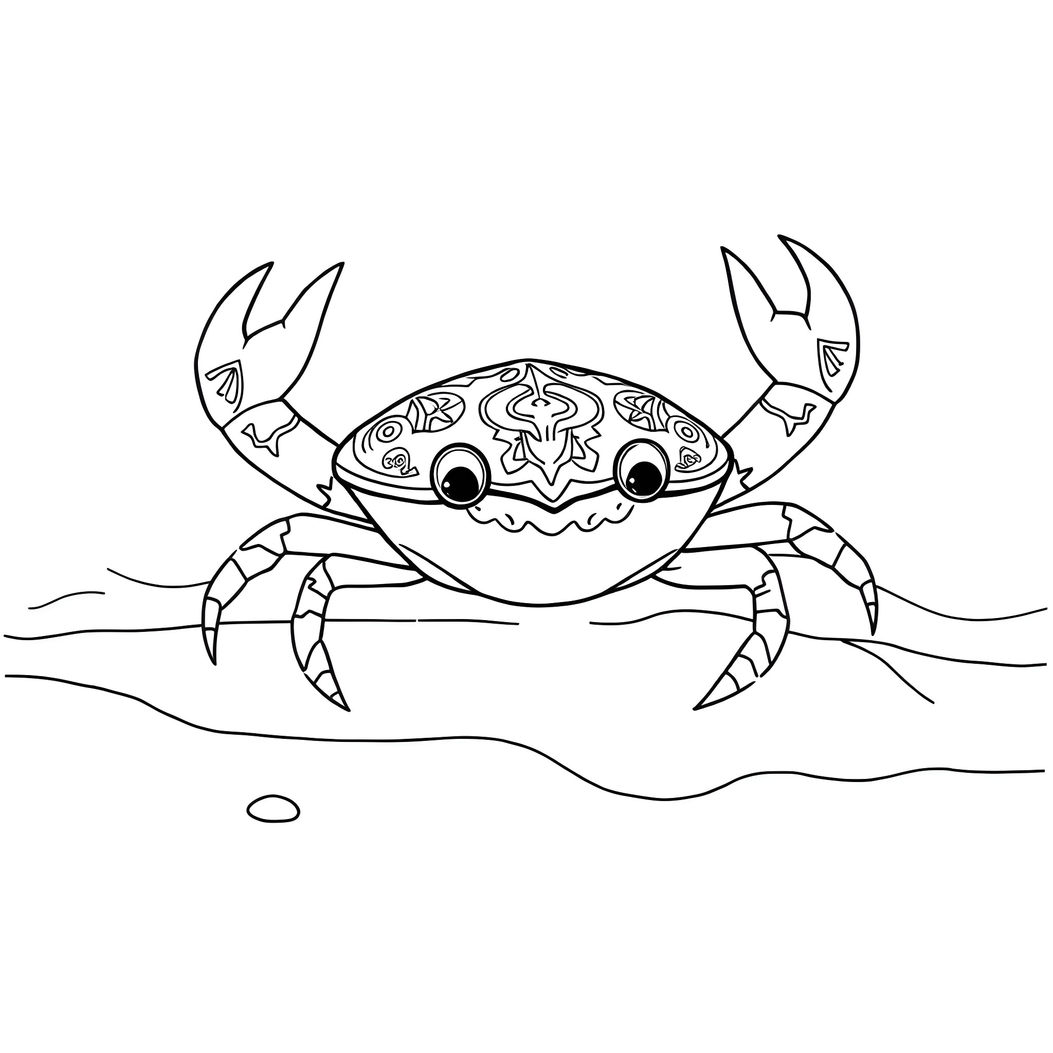 Crab with intricate shell pattern Coloring Page (free black-and-white line drawing printable PDF for all, from beginners to advanced learners, including children, teens, adults, and seniors)