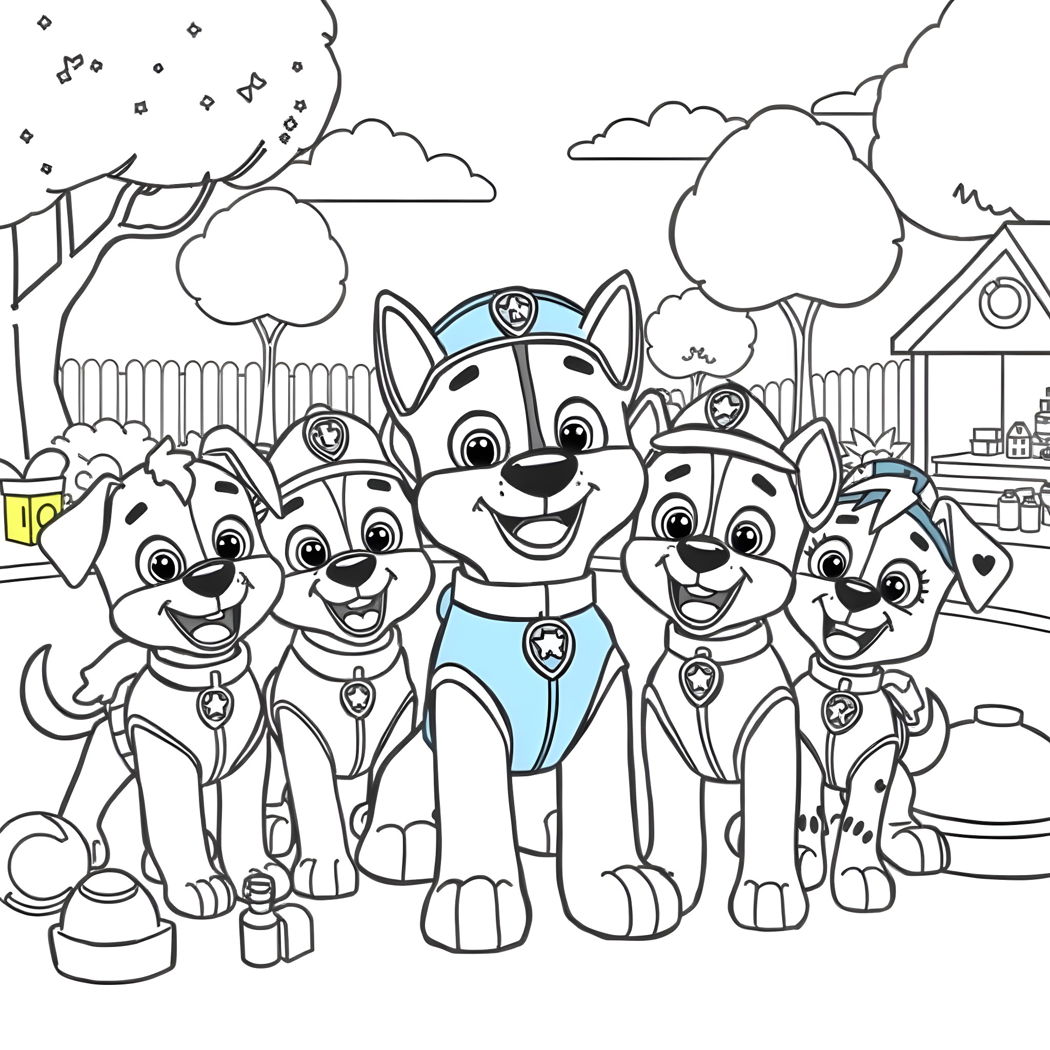 Paw Patrol team in a friendly outdoor scene Coloring Page (free black-and-white line drawing printable PDF for all, from beginners to advanced learners, including children, teens, adults, and seniors)