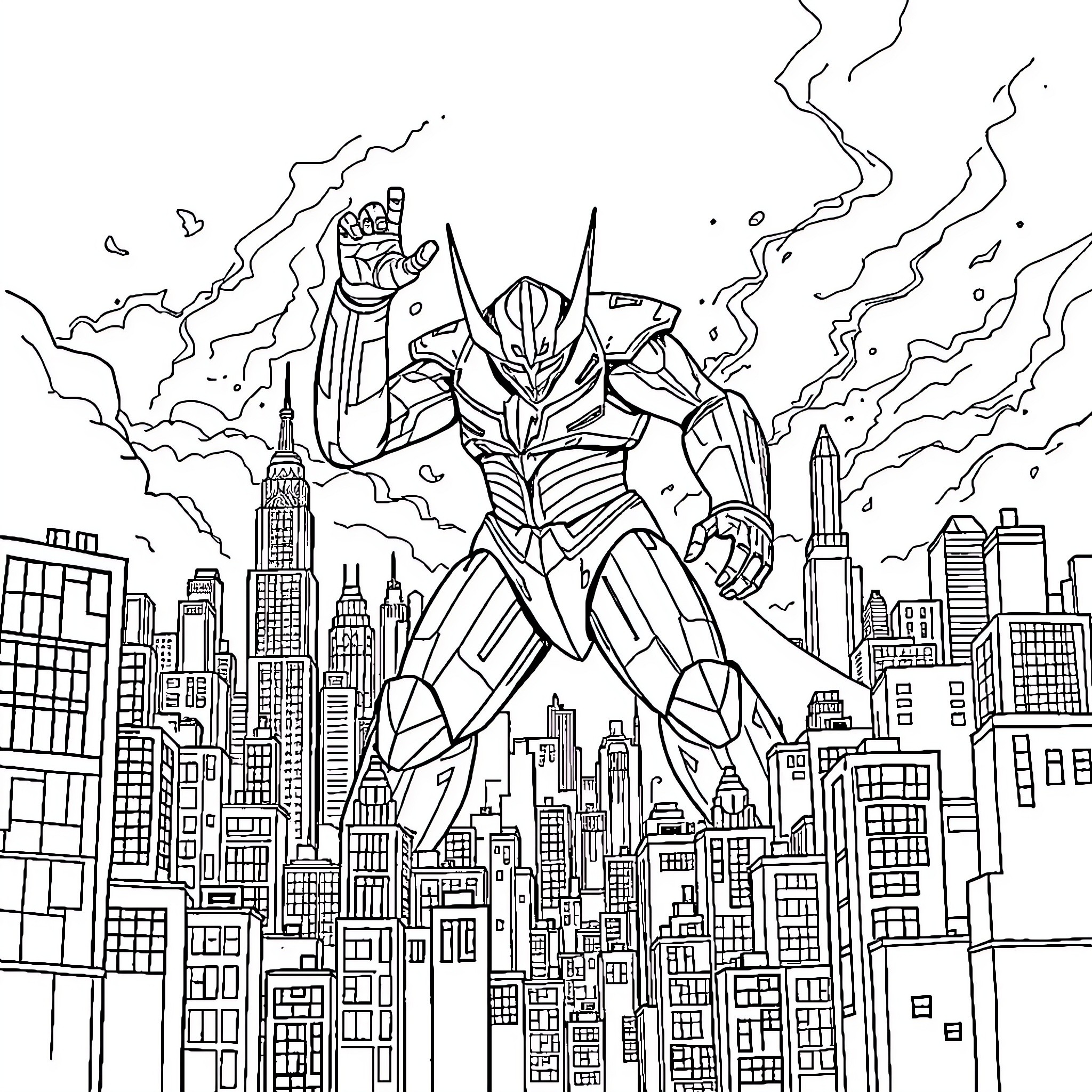 Ultraman battles evil forces over a city skyline Coloring Page (free black-and-white line drawing printable PDF for all, from beginners to advanced learners, including children, teens, adults, and seniors)