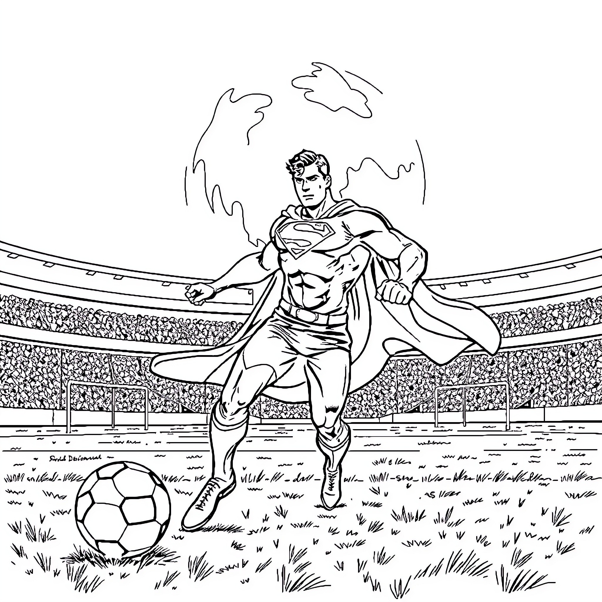 Superman heroically kicks a soccer ball on the field Coloring Page (free black-and-white line drawing printable PDF for all, from beginners to advanced learners, including children, teens, adults, and seniors)
