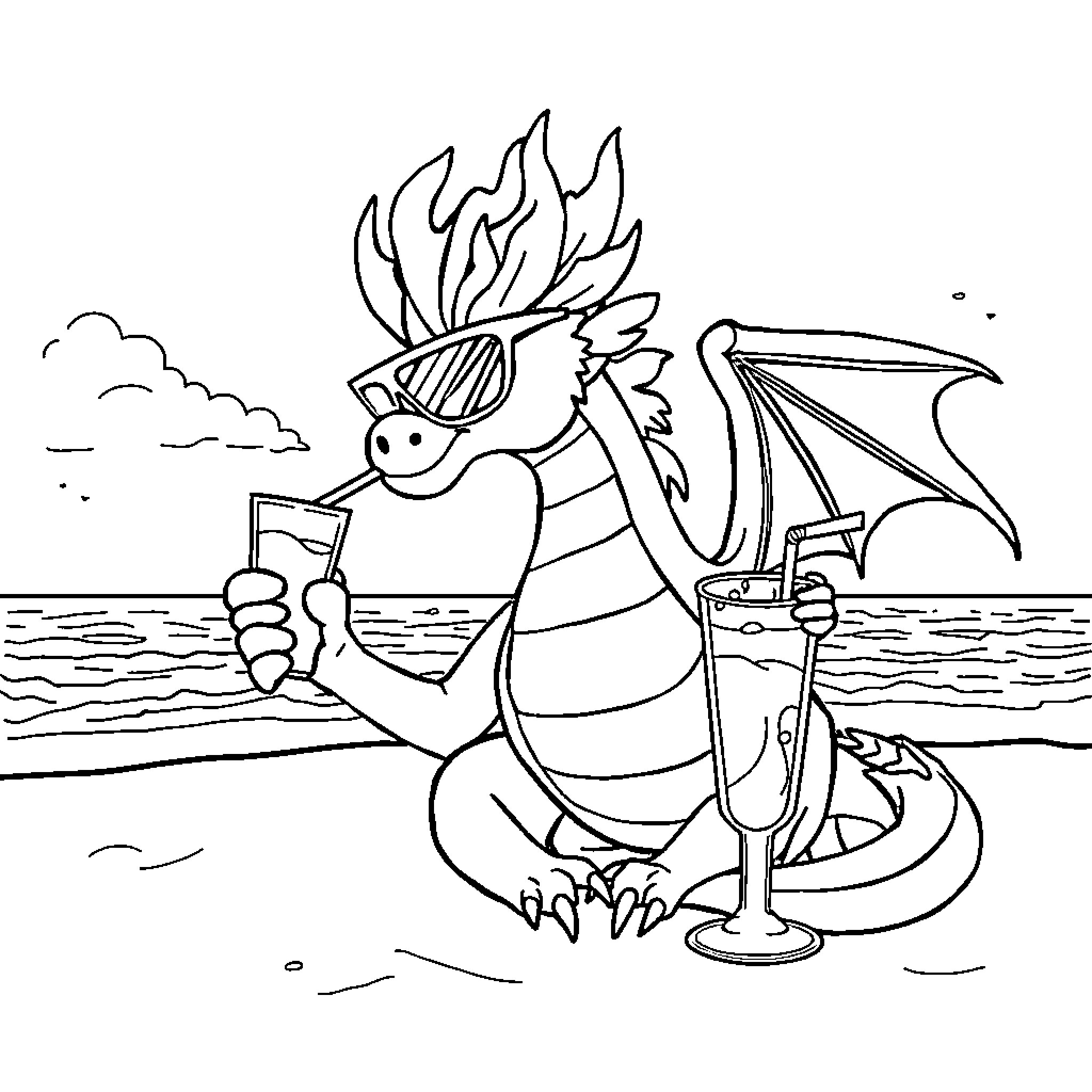 Dragon enjoying a drink on the beach Coloring Page (free black-and-white line drawing printable PDF for all, from beginners to advanced learners, including children, teens, adults, and seniors)