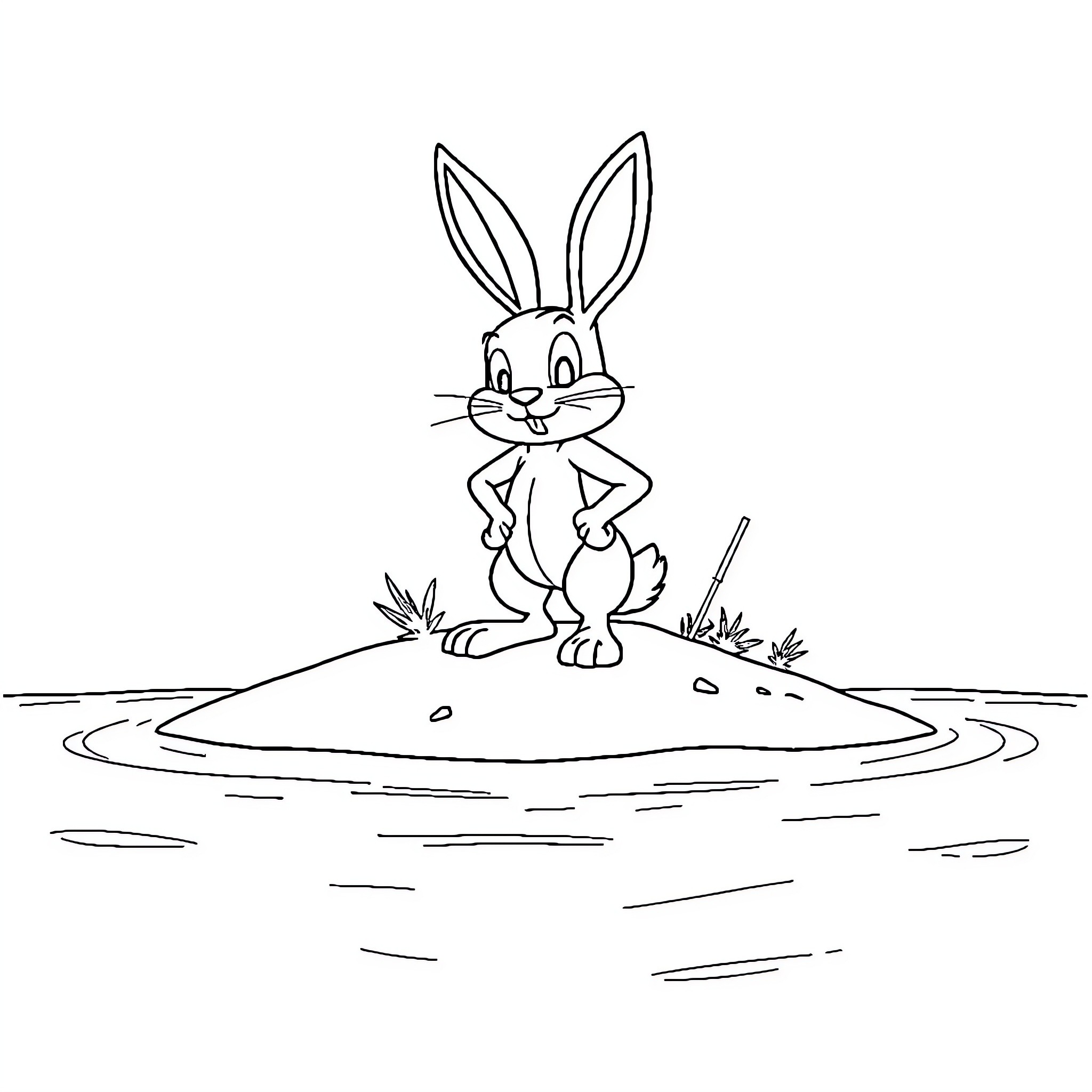Bad Bunny enjoying a relaxing day in the pond Coloring Page (free black-and-white line drawing printable PDF for all, from beginners to advanced learners, including children, teens, adults, and seniors)
