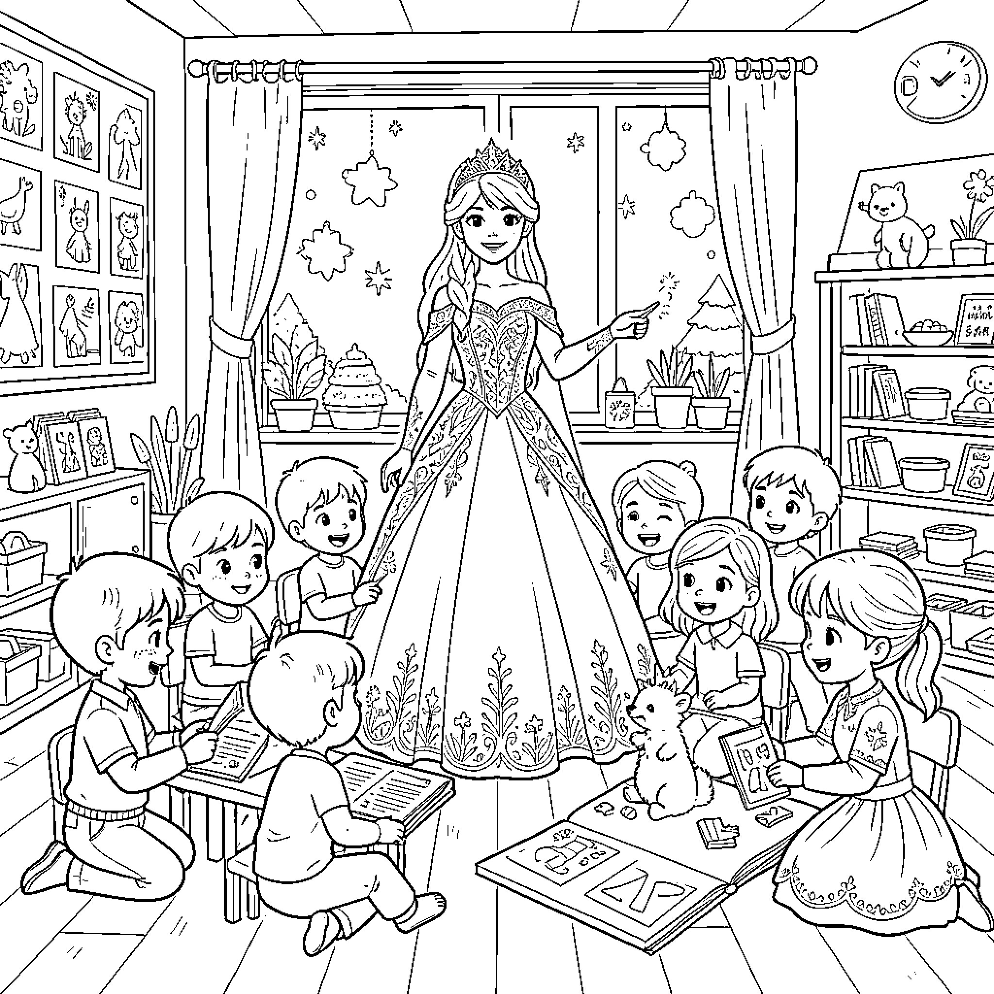 Snow Queen telling stories to a group of children Coloring Page (free black-and-white line drawing printable PDF for all, from beginners to advanced learners, including children, teens, adults, and seniors)