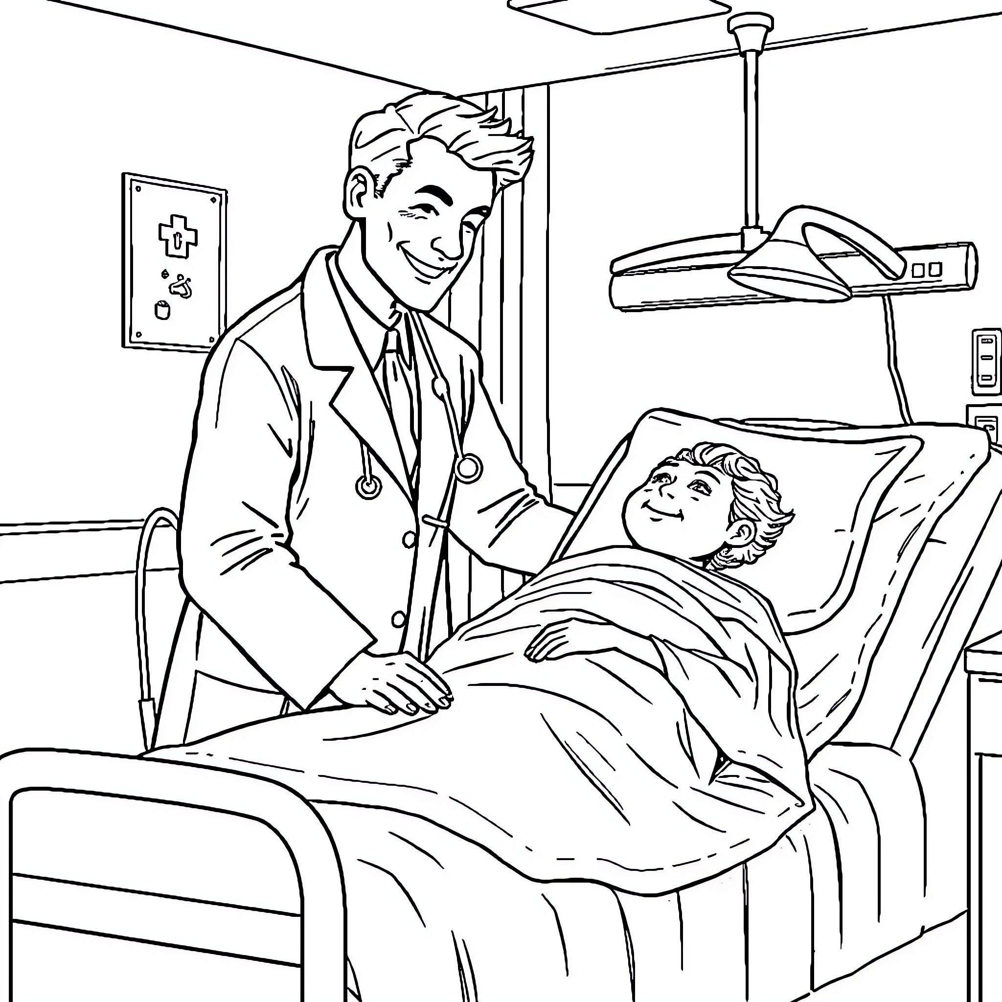 Doctor Caring for Patient in Hospital Room Coloring Page (free black-and-white line drawing printable PDF for all, from beginners to advanced learners, including children, teens, adults, and seniors)