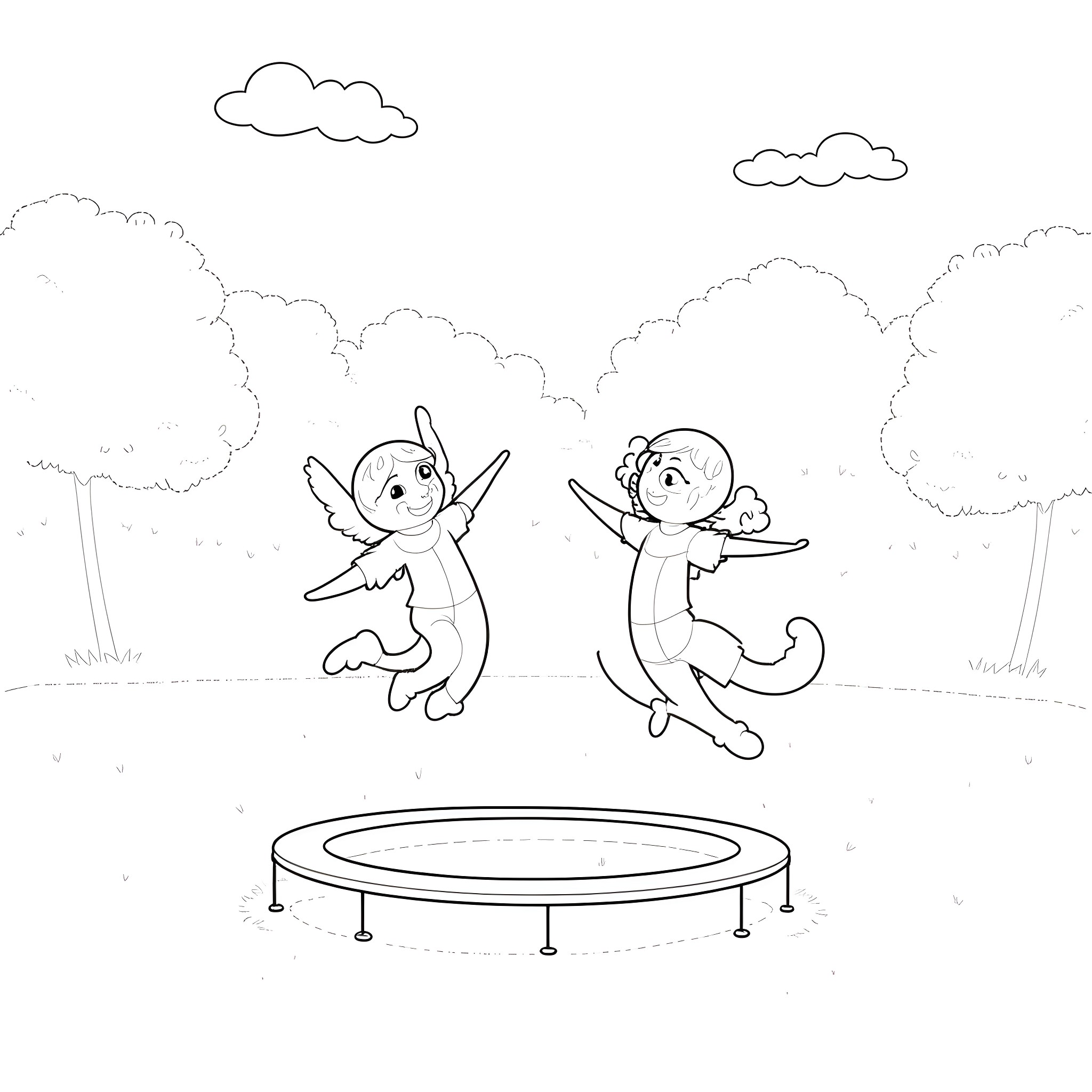 Ladybug friends playing joyfully on a trampoline Coloring Page (free black-and-white line drawing printable PDF for all, from beginners to advanced learners, including children, teens, adults, and seniors)