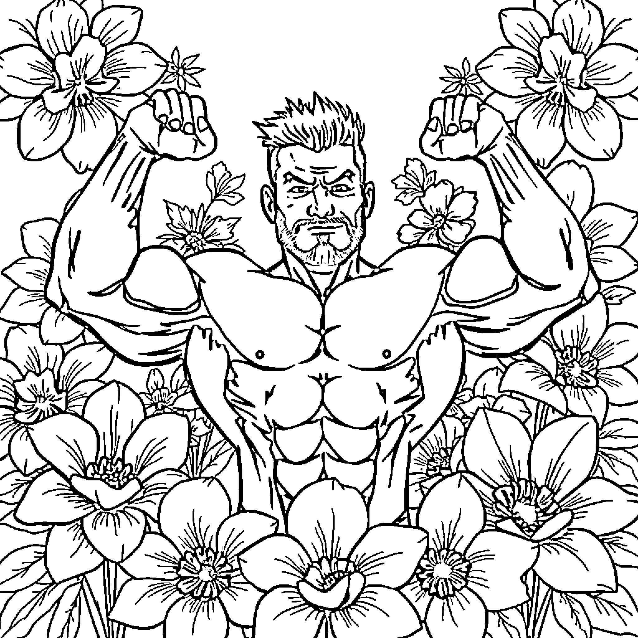 Powerlifter amid a floral display Coloring Page (free black-and-white line drawing printable PDF for all, from beginners to advanced learners, including children, teens, adults, and seniors)