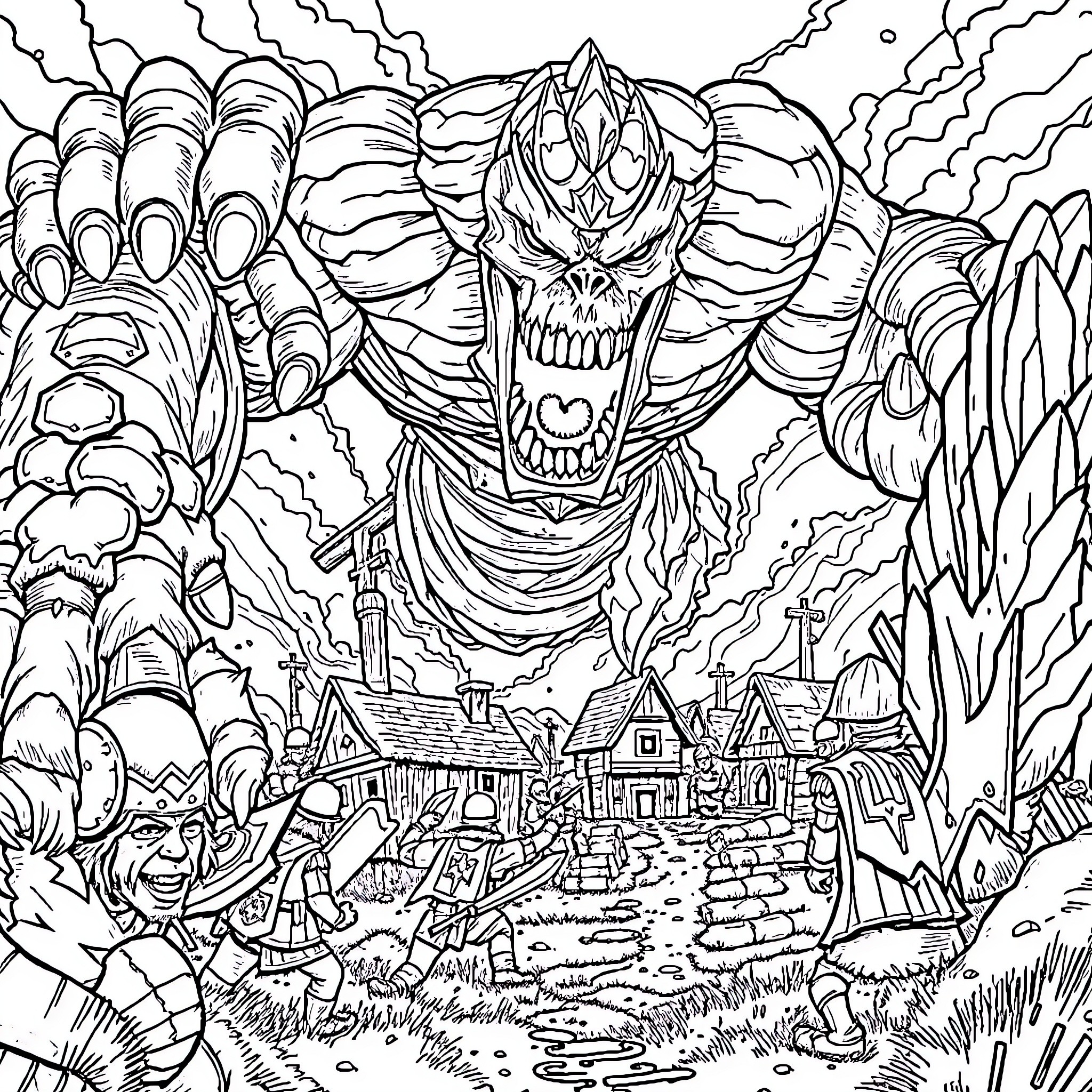 Titan Unleashes Destruction Over Village Landscape Coloring Page (free black-and-white line drawing printable PDF for all, from beginners to advanced learners, including children, teens, adults, and seniors)