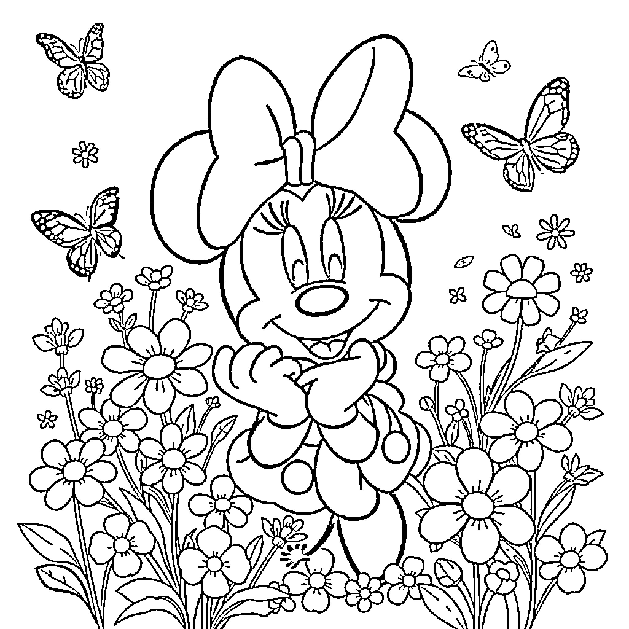 Minnie Mouse enjoying flowers and butterflies Coloring Page (free black-and-white line drawing printable PDF for all, from beginners to advanced learners, including children, teens, adults, and seniors)