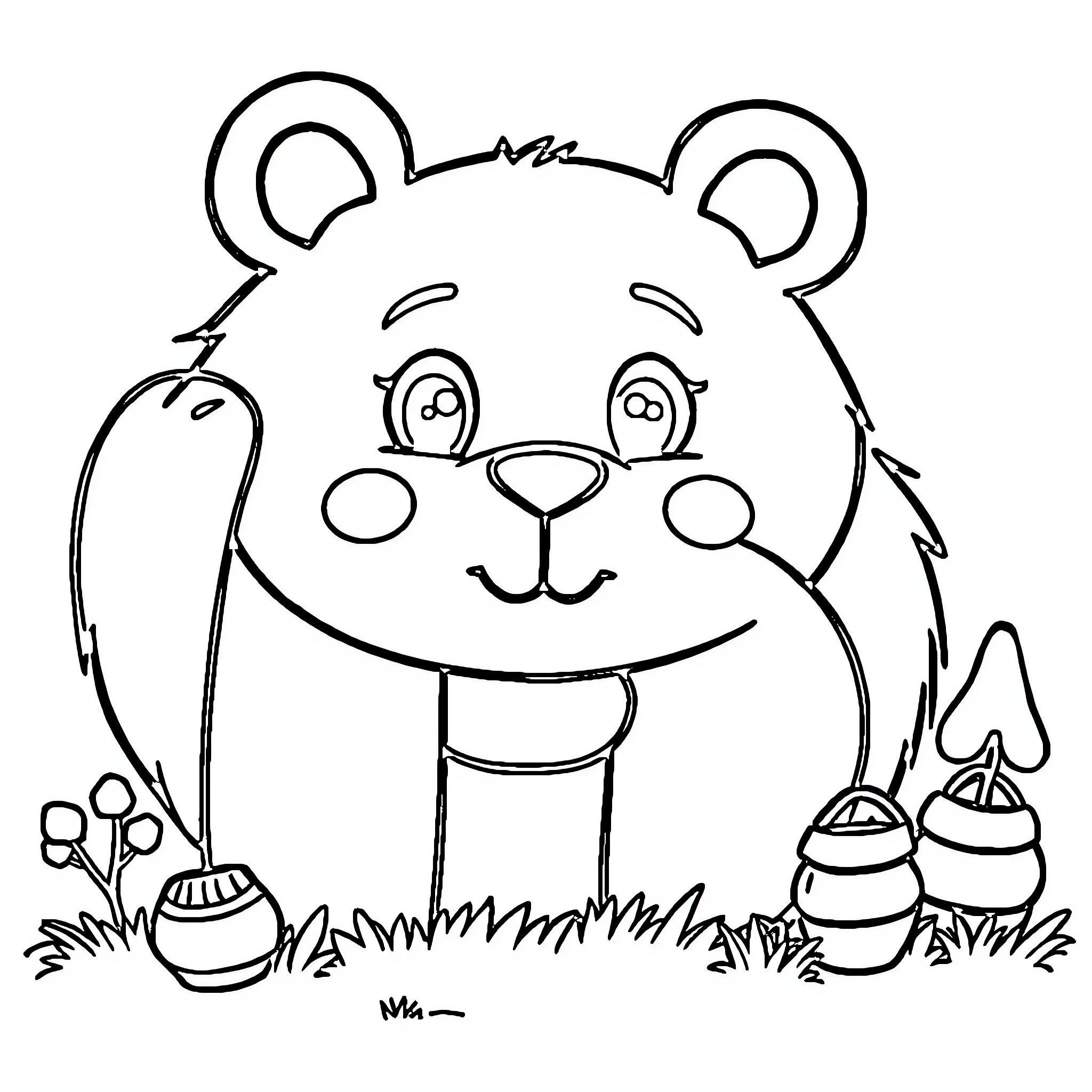 Bear playing with toys in the grass Coloring Page (free black-and-white line drawing printable PDF for all, from beginners to advanced learners, including children, teens, adults, and seniors)