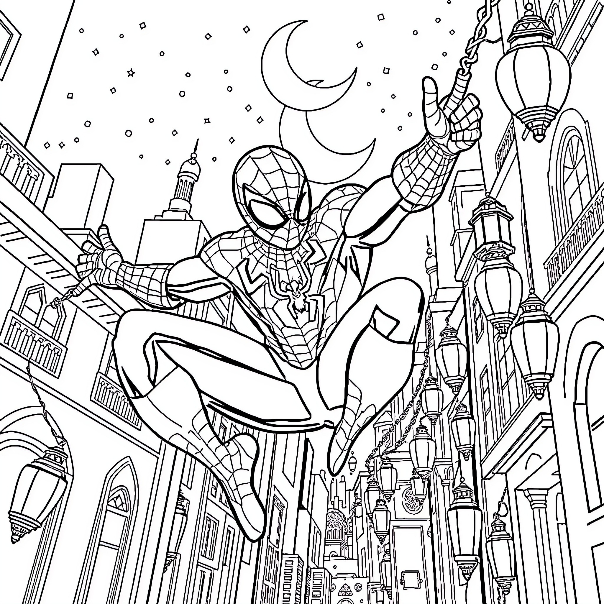 Spider-Man swinging through the night city Coloring Page (free black-and-white line drawing printable PDF for all, from beginners to advanced learners, including children, teens, adults, and seniors)