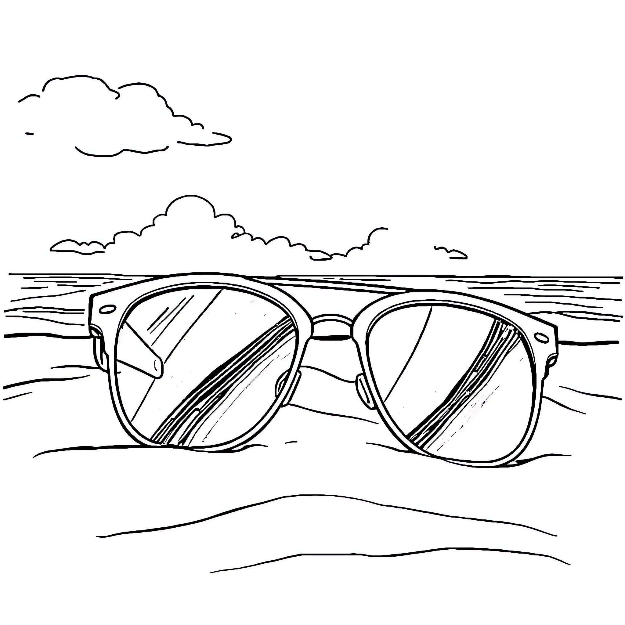 Sunglasses on the shore with clouds Coloring Page (free black-and-white line drawing printable PDF for all, from beginners to advanced learners, including children, teens, adults, and seniors)