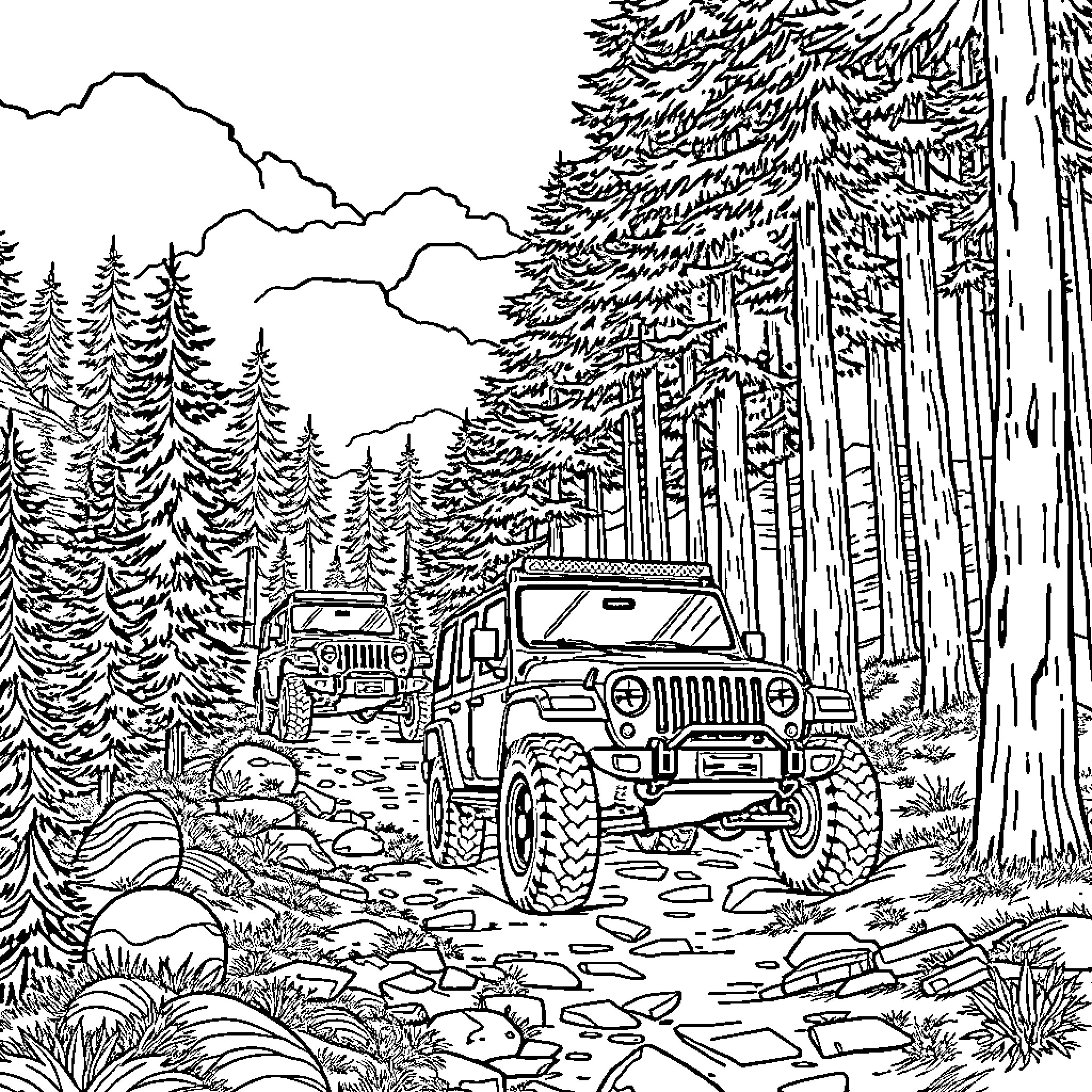Sxs Rugged Jeeps Navigating Wilderness Landscape Coloring Page (free black-and-white line drawing printable PDF for all, from beginners to advanced learners, including children, teens, adults, and seniors)