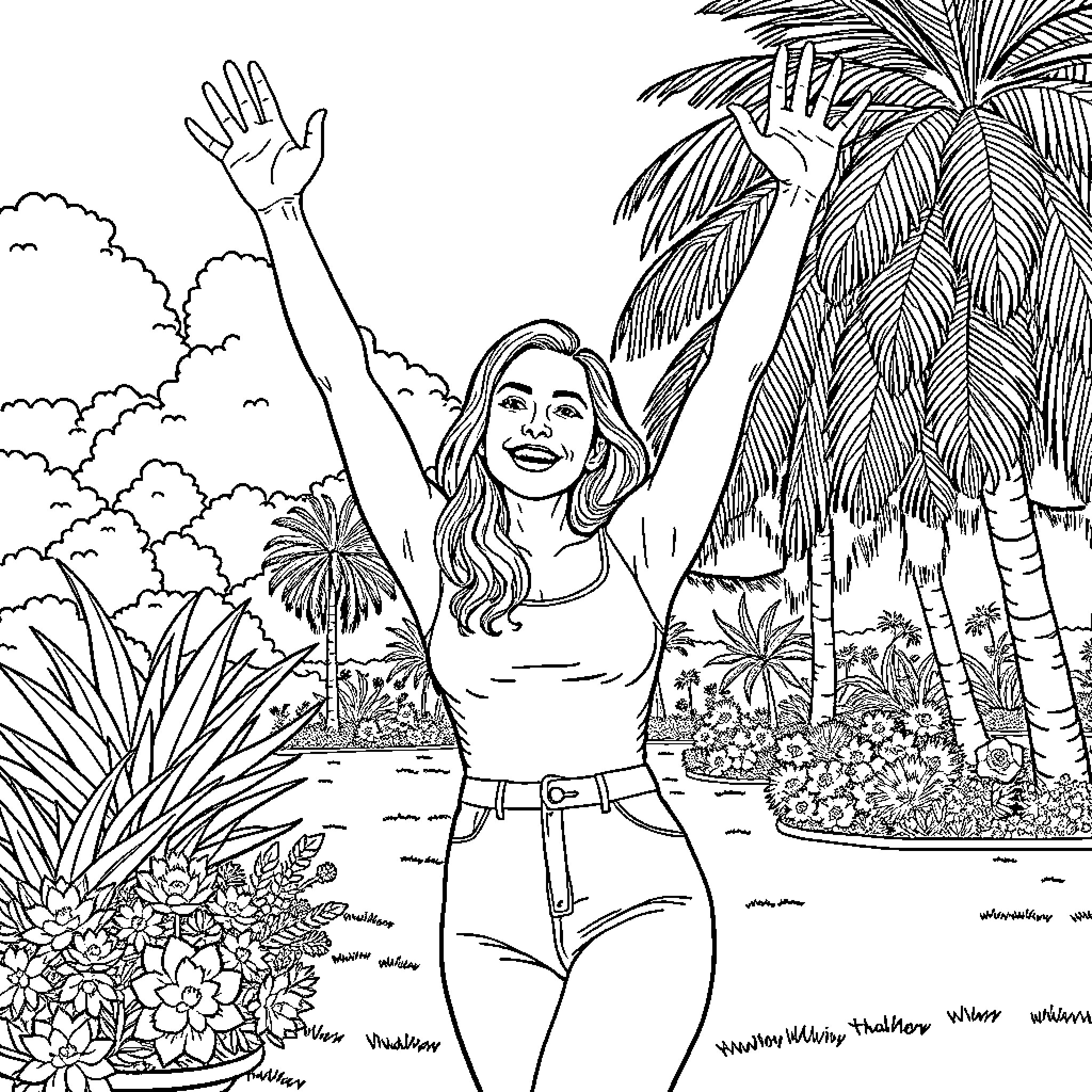 Olivia Rodrigo enjoying nature in tropical paradise Coloring Page (free black-and-white line drawing printable PDF for all, from beginners to advanced learners, including children, teens, adults, and seniors)