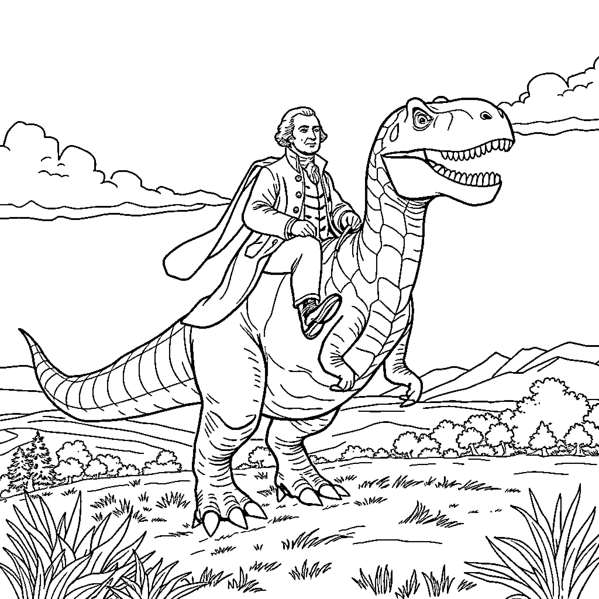 George Washington riding a prehistoric creature Coloring Page (free black-and-white line drawing printable PDF for all, from beginners to advanced learners, including children, teens, adults, and seniors)