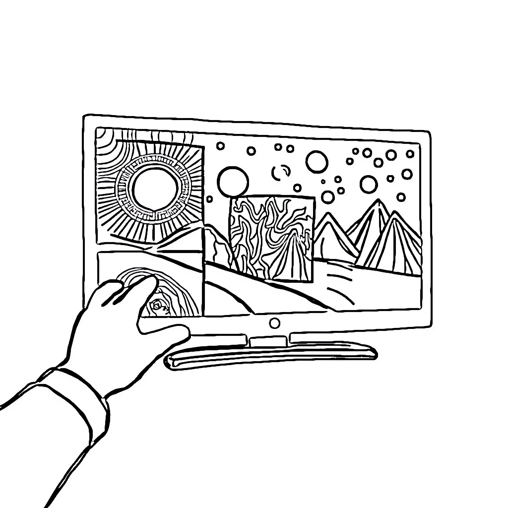Digital Hand Holding Landscape Artwork Coloring Page (free black-and-white line drawing printable PDF for all, from beginners to advanced learners, including children, teens, adults, and seniors)