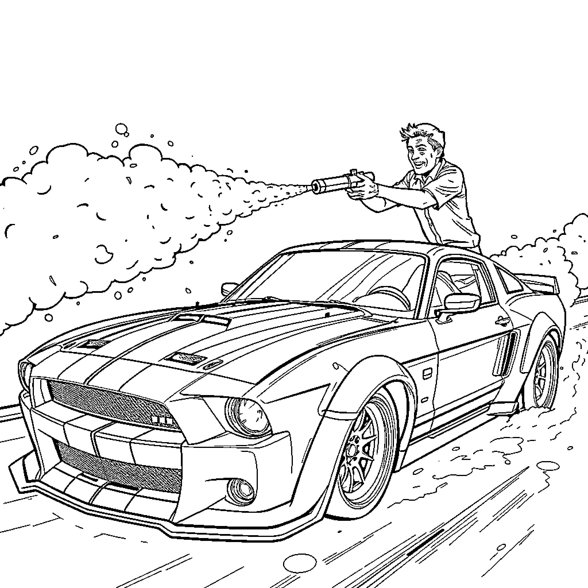 Foam Cannon Cleaning Extreme Sports Car Coloring Page (free black-and-white line drawing printable PDF for all, from beginners to advanced learners, including children, teens, adults, and seniors)