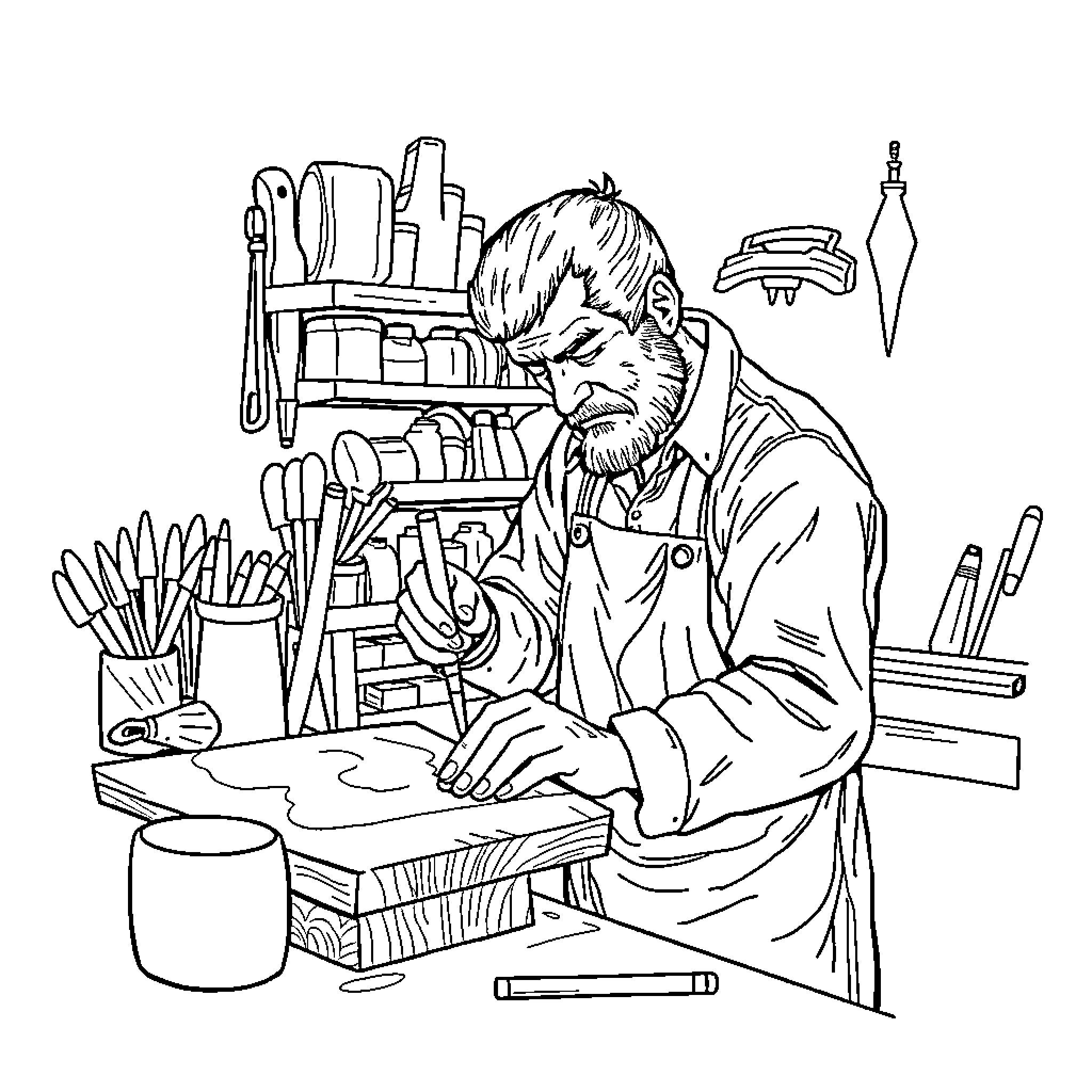 Carpenter at Work in His Workshop Coloring Page (free black-and-white line drawing printable PDF for all, from beginners to advanced learners, including children, teens, adults, and seniors)