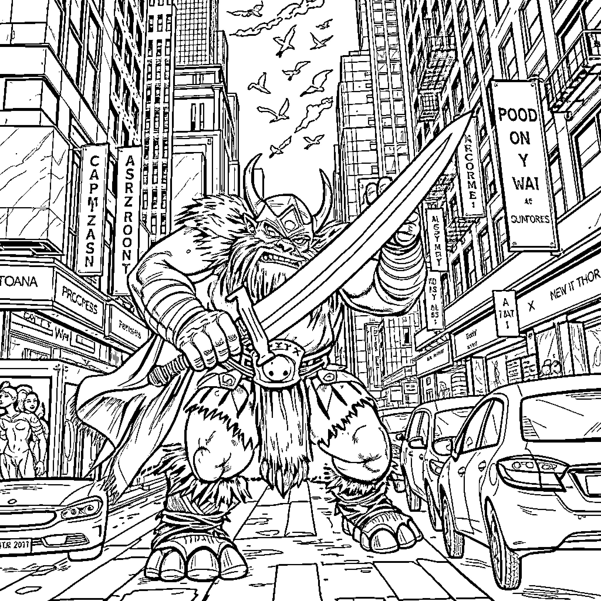 Ogre Rampages Through the City Streets Coloring Page (free black-and-white line drawing printable PDF for all, from beginners to advanced learners, including children, teens, adults, and seniors)